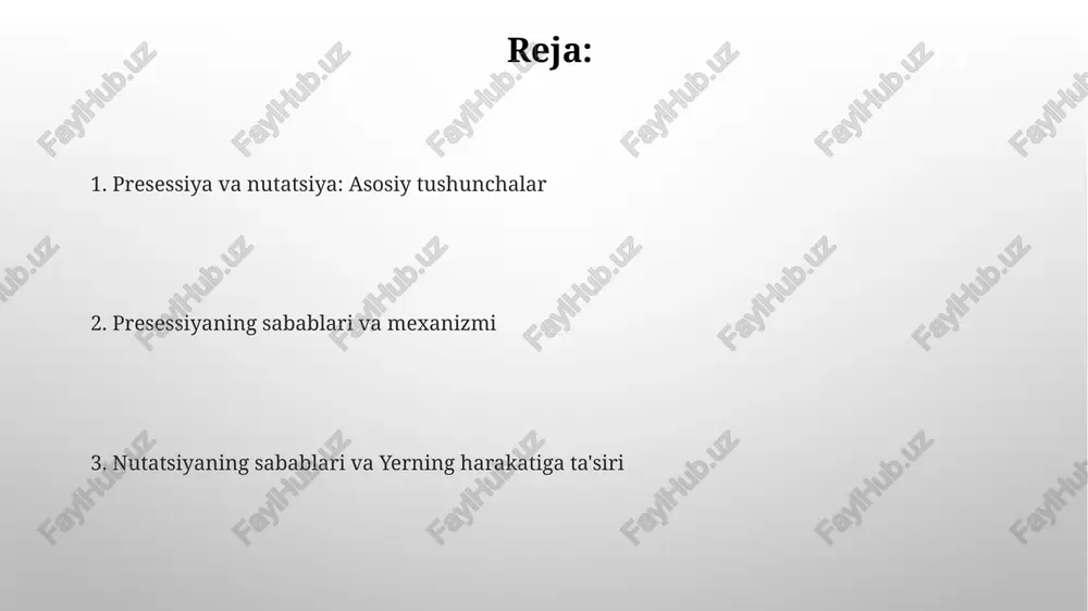 yaga hissa qo'shadi, ammo uning ta'siri oyning ta'siridan ancha kichik bo'lib, nutatsiya amplitudasi sezilarli darajada kamroq. pretsessiya va nutatsiyaning ta'siri yerning pretsessiyasi 26000 yilda bir marta to'liq aylanish davriga ega, bu yulduzlarning ko'rinadigan joylashuvini va astronomik kuzatuvlarni sezilarli darajada o'zgartiradi. nutatsiya yerning aylanish o'qidagi kichik tebranishlar bo'lib, pretsessiyaga nisbatan ancha kichik va tezroq; asosiy davri taxminan 18,6 yilni tashkil qiladi. kuzatishlar va o'lchashlar pretsessiya va nutatsiyani kuzatishda vlbi (very long baseline interferometry) texnologiyasi orqali kvazarlarning pozitsiyalari bir necha milliark sekund aniqlikda o'lchanadi, bu esa yerning aylanishidagi kichik o'zgarishlarni aniqlashga imkon beradi. lazerli masofa o'lchash (slr) stansiyalari yer atrofida aylanayotgan sun'iy yo'ldoshlarga lazer nurlarini yuboradi va qaytgan signallarni o'lchaydi, bu esa pretsessiya va nutatsiya hodisalarining aniq modellarini yaratishga yordam beradi. xulosa xulosa qilib aytganda, pretsessiya yerning aylanish o'qining asta-sekin, konus shaklidagi tebranishidir, uning davri taxminan 25,800 yilni tashkil etadi, bu osmon qutblarining siljishiga olib keladi. nutatsiya pretsessiyaga nisbatan kichikroq va muntazam …