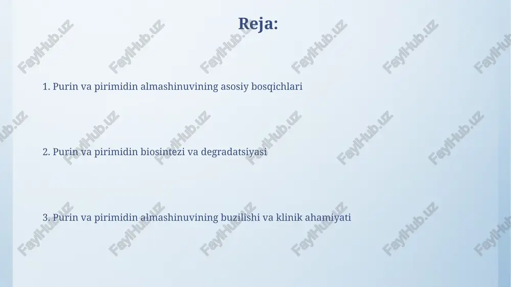 on atp talab qiladi. glutamin prpp amidotransferazaning muhim roli bor, u prppga amin guruhini qo'shib, 5-fosforibozilamin hosil qiladi, bu purin halqasining shakllanishida birinchi qadamdir. purinlar biosintezi: qutqaruv yo'li qutqaruv yo'li nuklein kislotalarning buzilishi natijasida hosil bo'lgan erkin purin asoslarini (adenin, guanin, hipoksantin) qayta ishlatib, energiya sarfini kamaytiradi. adenin fosforibosiltransferaza (aprt) adeninni fosforibosil pirofosfat (prpp) bilan reaksiyaga kirishtirib amp hosil qiladi, bu esa de novo sintezga nisbatan tezroq jarayon hisoblanadi. pirimidinlar biosintezi: de novo yo'l de novo pirimidin biosintezi sitozolda boshlanadi, karbamoil fosfat sintezasi ii orqali karbamoil fosfat hosil bo'lishi bilan, bu siklning asosiy regulyator fermentidir. aspartat karbamoiltransferaza karbamoil fosfatni aspartatga qo'shib, karbamoilaspartatni hosil qiladi, bu reaktsiya pirimidin halqasining shakllanishidagi muhim qadamdir. pirimidinlar biosintezi: qutqaruv yo'li pirimidinlarni qutqarish yo'li mavjud pirimidin asoslarini, masalan, uratsil va timinni, yangi nukleotid sintezi uchun ishlatadi, energiya sarfini kamaytiradi. qutqaruv yo'li fosforibosiltransferaza fermentlarini, xususan, timidin kinazasini (tk) va uratsil fosforibosiltransferazasini (uprt), erkin asoslarni tegishli nukleotidga aylantirish …