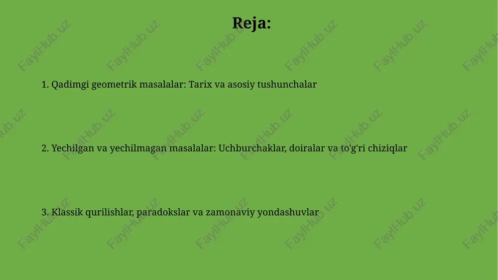 ul yordamida yechilmagan. 1882-yilda lindeman pi soni transsendent ekanligini isbotlab, bu masalaning yechimi yo'qligini ko'rsatdi. klassik geometrik qurilishlar va platon jismlari klassik geometrik qurilishlar faqatgina kompas va chizg'ich yordamida bajariladi, bu vositalardan foydalanib berilgan nuqtalar va chiziqlardan yangi nuqtalar va chiziqlar hosil qilish mumkin. platon jismlari - barcha yoqlari bir xil muntazam ko'pburchaklardan iborat qavariq ko'pyoqliklardir; ularning faqat beshtasi mavjud: tetraedr (4 yoqli), kub (6 yoqli), oktaedr (8 yoqli), dodekaedr (12 yoqli) va ikosaedr (20 yoqli). geometrik muammolarni yechish usullari va paradokslar geometrik muammolarni yechishda sintetik usul, xususan evklid geometriyasi, aksiyomalardan teoremalarni mantiqiy deduksiya orqali isbotlashga tayanadi va ko'pincha vizual tasavvurni talab qiladi. paradokslar, masalan zeno paradokslari, harakat va uzluksizlik kabi tushunchalarni shubha ostiga qo'yadi; masalan, axilles hech qachon toshbaqani quvib yetolmaydi, bu esa hisoblashning zarurligini ko'rsatadi. antik geometriyaga zamonaviy yondashuvlar va amaliy misollar zamonaviy yondashuvlar kompyuter grafikasi va muhandislikda keng qo'llaniladi, masalan, uch o'lchamli modellar yaratishda evklid geometriyasining algoritmlari …