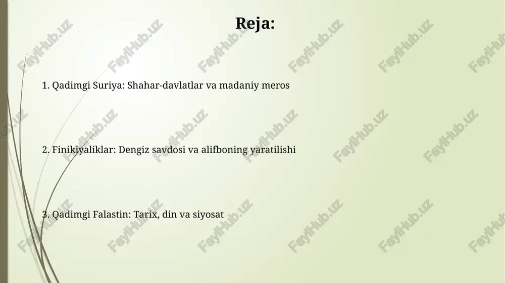 an. finikiyaliklar san'atida dengiz mavzulari keng tarqalgan, masalan, purpur rangli matolar ishlab chiqarish, shisha buyumlar yasash va kemasozlik rivojlangan. qadimgi suriya, finikiya va falastinning merosi finikiyaliklar alifbosi, dastlab faqat 22 harfdan iborat bo'lgan, o'rta yer dengizi savdosida muhim rol o'ynab, yunon va rim yozuvlariga ta'sir ko'rsatdi. qadimgi suriyada joylashgan ugarit shahri miloddan avvalgi 14-asrda rivojlangan bo'lib, u yerda ugarit alifbosi kashf etilgan, bu ko'plab zamonaviy alifbolarga asos bo'lgan. e'tiboringiz uchun rahmat image1.jpg image2.jpg image3.jpg image4.jpg image5.jpg image6.jpg