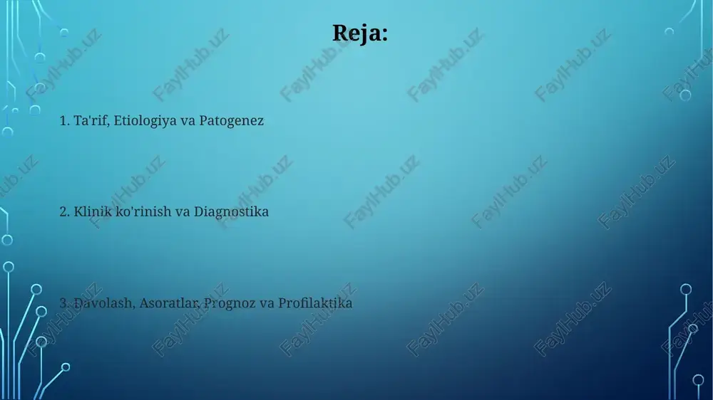 lay olmasligi mumkin, lekin 10-14 kundan so'ng suyak to'qimasining destruksiyasi ko'rinishi mumkin. laboratoriya tekshiruvlarida leykotsitoz (odatda 15,000 dan yuqori) va esr (eritrotsitlar cho'kish tezligi) ning oshishi kuzatiladi, bu yallig'lanish jarayonining mavjudligini ko'rsatadi. differensial diagnostika differensial tashxisni o'tkazishda suyakning yallig'lanish tabiatini aniqlash uchun erta osteosarkoma erta bosqichlarida rad etish muhim, bu esa biopsiya natijalari bilan tasdiqlanadi. mandibulyar osteomielitni tashxislashda suyak shikastlanishi va og'riqqa olib keladigan suyak displazi kabi kasalliklarni istisno qilish kerak, bu ko'pincha klinik tekshiruvlar va rentgen orqali amalga oshiriladi. asoratlar mandibulyar osteomielitning asoratlari orasida sepsis mavjud bo'lib, u organizmga tarqalishi va o'limga olib kelishi mumkin bo'lgan erta davolashsiz 30-60% hollarda uchraydi. surunkali osteomielit - bu uzoq muddatli asorat bo'lib, 6 oydan ortiq davom etadi, qayta-qayta paydo bo'ladi va davolanishi qiyin bo'lgan sinush yo'llarining hosil bo'lishiga olib keladi. konservativ davolash konservativ davolash antibiotikoterapiyani o'z ichiga oladi, odatda keng spektrli antibiotiklar, masalan, 1.5-2 gramm dozada seftriakson yoki klindamitsin 600 mg har …