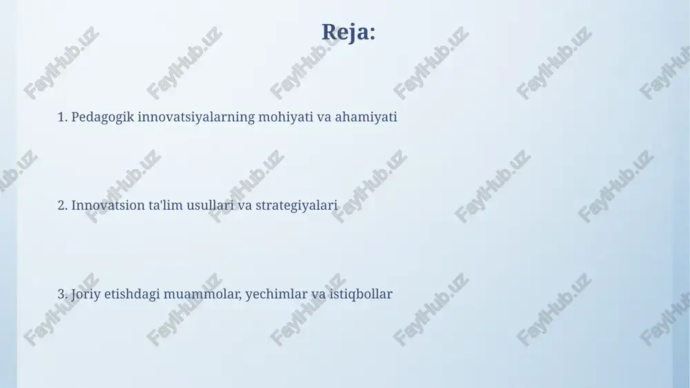 aliy misollari “flipped classroom” modeli: dars materiallari uyda oʻrganiladi, sinfda esa 3-4 talabadan iborat guruhlarda amaliy mashgʻulotlar va loyihalar bajariladi, oʻqituvchi esa yoʻnaltiruvchi boʻladi. oʻyinlashtirilgan taʼlim (gamification): dars jarayoniga ball toʻplash, darajalarga erishish kabi oʻyin elementlarini qoʻshish orqali oʻquvchilarning motivatsiyasini 2 karra oshirish mumkin. o'qituvchi va ota-onalarning roli innovatsion ta'limda o'qituvchilar innovatsion ta'limda faqat bilim beruvchi emas, balki 21-asr ko'nikmalarini (tanqidiy fikrlash, ijodkorlik) rivojlantiruvchi, yo'naltiruvchi murabbiy sifatida 360 graduslik rol o'ynaydi. ota-onalar farzandlarining ta'lim jarayonida 50/50 hamkor bo'lishi, ularning intilishlarini qo'llab-quvvatlashi va maktab bilan 2 tomonlama aloqada bo'lishi innovatsion ta'limda muhim. kelajakdagi tendentsiyalar va istiqbollar kelajakda 2030 yilgacha sun'iy intellekt (si) adaptiv ta'lim platformalarini yaratishda muhim rol o'ynaydi, har bir o'quvchining ehtiyojlariga moslashuvchan o'quv dasturlarini taqdim etadi. kengaytirilgan haqiqat (kh) va virtual haqiqat (vh) texnologiyalari 2025 yildan boshlab ta'lim mazmunini boyitadi va o'quvchilarga interaktiv, immersiv tajribalarni taqdim etadi. e'tiboringiz uchun rahmat image4.png image5.png image6.jpg image7.jpg image8.jpg image9.jpg image10.jpg image11.jpg image12.jpg …