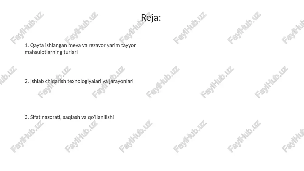 vorlar past namlikda, qorong'i joyda, yaxshi yopilgan idishda saqlanishi kerak, bu ularning sifatini 6-9 oy davomida saqlashga yordam beradi. ilova va foydalanish sohalari konserva sanoatida meva va rezavorlardan tayyorlangan yarim tayyor mahsulotlar murabbo, jem va kompot kabi mahsulotlar ishlab chiqarishda 70% gacha foydalaniladi. qandolat sanoatida meva va rezavorlardan tayyorlangan yarim tayyor mahsulotlar nachinka sifatida tortlar, pirojnoe va konfetlar tarkibida 65-80% gacha ishlatiladi. xulosa "xulosa" tarkibiga olma, oʻrik, shaftoli kabi mevalar kirishi mumkin. uning qand miqdori 50-70% gacha boʻlishi mumkin, bu esa uning shirin taʼmini taʼminlaydi hamda tabiiy konservant vazifasini oʻtaydi. "xulosa" – meva va rezavorlardan tayyorlangan quyuq massa boʻlib, tarkibida kamida 65% quruq moddalar mavjud. u vakuumda pishirish orqali ishlab chiqariladi va uzoq muddat saqlash imkoniyatini beradi. e'tiboringiz uchun rahmat image3.jpg image4.jpg image5.jpg image6.jpg image7.jpg image8.jpg image9.jpg image1.jpeg image2.jpeg