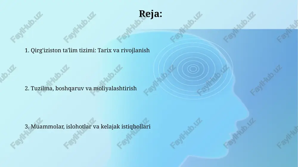 lar malakasini oshirish uchun har 5 yilda bir marta davlat tomonidan moliyalashtiriladigan kurslarda qatnashish majburiy, bu esa yangi metodikalarni o'zlashtirishga yordam beradi. moliyalashtirish, inklyuziv va xususiy ta'lim ta'limni moliyalashtirish asosan davlat byudjetidan amalga oshiriladi, lekin so'nggi yillarda xalqaro grantlar va donorlar hissasining ulushi 15% ga oshdi, bu esa rivojlanishga turtki beradi. inkluziv ta'lim bo'yicha 2020-yilda qabul qilingan qonun nogironligi bo'lgan bolalar uchun ta'lim muassasalarida 5% kvotani belgilab qo'ydi, ammo amalda ushbu ko'rsatkich 2.8% ni tashkil etadi. muammolar, islohotlar va kelajak istiqbollari ta'limdagi muammolardan biri bu moliyalashtirishning yetarli emasligi bo'lib, bu 60% maktablarning ta'mirtalabligiga va o'quv materiallarining yetishmasligiga olib keladi. 2024-yilga mo'ljallangan islohotlarda raqamli ta'limni rivojlantirish, o'qituvchilarning malakasini oshirish bo'yicha yangi dasturlar va inklyuziv ta'limni kengaytirish ko'zda tutilgan. e'tiboringiz uchun rahmat image2.jpg image3.jpg image4.jpg image5.jpg image6.jpg image7.jpg image8.jpg image1.png