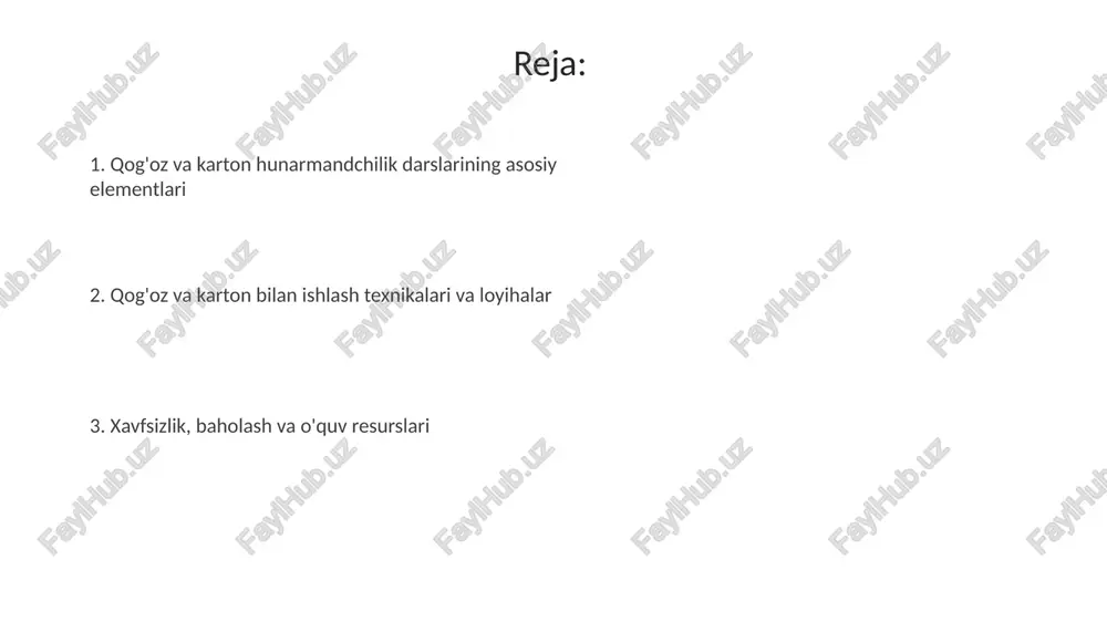 qisqichlari bilan mahkamlash muhim ahamiyatga ega. xavfsizlik qoidalari va baholash mezonlari xavfsizlik qoidalarida 1-o'rinda qaychi, pichoq kabi o'tkir asboblar bilan ishlashda ehtiyotkorlik, ularni noto'g'ri ishlatmaslik, 2-o'rinda elimdan foydalanish tartibi va allergik reaksiyalarni oldini olish muhimdir. baholash mezonlari loyihaning 1-texnik sifati, aniqligi, 2-estetik ko'rinishi, ranglarning uyg'unligi, 3-ijodiy yondashuvi va 4-materiallardan oqilona foydalanish kabi 4ta asosiy komponentni o'z ichiga oladi. o'quv resurslari va loyihalar o'quv resurslari orasida 10 dan ortiq qog'oz va karton hunarmandchiligi bo'yicha kitoblar, 5 ta video darsliklar va 3 ta onlayn platformalar mavjud bo'lib, ular loyihalar uchun qo'shimcha ma'lumot beradi. oddiy loyihalar qog'ozdan 2d shakllarni kesish va yopishtirishni o'z ichiga oladi, murakkab loyihalar esa origami texnikasi yordamida 3d modellarni yaratishni talab qiladi. e'tiboringiz uchun rahmat image3.jpg image4.jpg image5.jpg image6.jpg image7.jpg image8.jpg image1.jpeg image2.jpeg