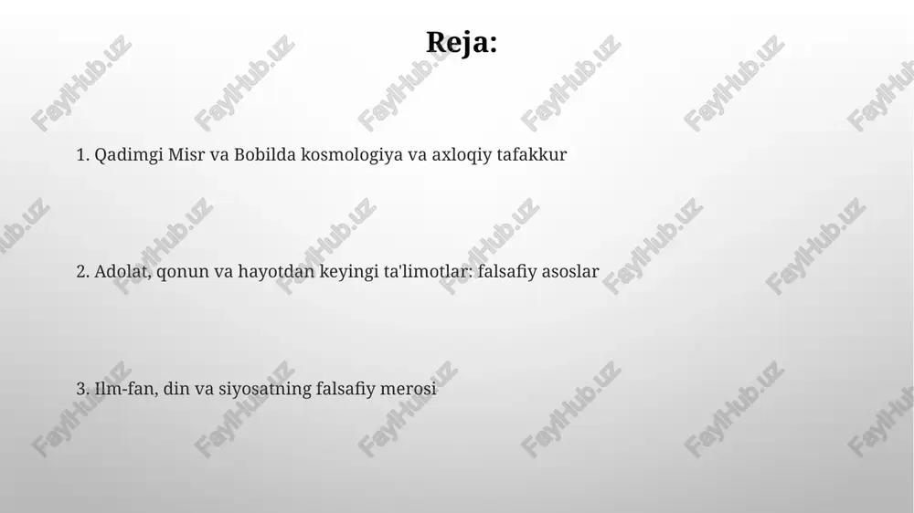 an. o'lmaslikka ishonch, axloqiy dilemmalarni chuqur o'rganishga olib kelgan. bobilda diniy marosimlar va e'tiqodlar, 18-asrda hammurapi qonunlari kabi, adolat va qonun tushunchalarini rivojlantirish orqali falsafani shakllantirgan. siyosiy hokimiyat va falsafiy legitimlik misrda faraonning hokimiyati ma'budlarning vakili sifatida qonuniylashtirilgan, uning boshqaruvi 2400 yillik qonuniy an'analarga muvofiq ma'atning kosmik tartibini aks ettirgan. bobilda podshoh hammurapining qonunlar kodeksi (taxminan miloddan avvalgi 1754 yil) adolatli hukmronlik ideallarini ko'rsatdi va hokimiyatni ilohiy ruxsat bilan bog'ladi. qadimgi g'oyalarning keyingi falsafaga ta'siri misrdagi ma'at adolat konsepsiyasi 2000 yil davomida yunon axloqiy tamoyillariga ta'sir ko'rsatdi va natijada g'arb adolat nazariyalariga asos bo'ldi. bobilning qonun kodekslari, xususan, hammurapi qonunlari, adolat, ijtimoiy tartib va hukmronlik masalalarida keyingi rimliklarga va o'rta asr huquqshunoslariga ta'sir ko'rsatdi. e'tiboringiz uchun rahmat image3.png image4.jpg image5.jpg image6.jpg image7.jpg image8.jpg image9.jpg image10.jpg image1.png