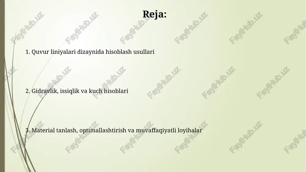 bi sanoat standartlari materiallar, dizayn, ishlab chiqarish va sinovlarni aniqlaydi, hisoblashlar uchun mezonlar belgilaydi. quvur liniyalarini loyihalash uchun autopipe, caesar ii va pipeline studio kabi dasturiy ta'minot paketlari kuchlanish tahlili, gidravlika modellashtirish va issiqlik uzatish hisoblarini avtomatlashtirib, xatolarni kamaytiradi. muvaffaqiyatli loyihalar va xatoliklar tahlili ko'pgina muvaffaqiyatli loyihalar 10% dan kam xatolik marjasiga ega bo'lib, api 5l spetsifikatsiyasiga muvofiq yuqori sifatli po'latdan foydalanganliklari bilan ajralib turadi. xatoliklar ko'pincha noto'g'ri gidravlik hisoblashlardan kelib chiqadi, bu esa bosimning 15% ga oshishiga va nasos stantsiyalarining tez-tez ishdan chiqishiga olib keladi. kelajak tendentsiyalari kelajakda, quvur liniyalarini loyihalashda ai va mashina o'rganish usullari 30% gacha aniqlikni oshirishi va xatoliklarni kamaytirishi kutilmoqda. raqamli egizak texnologiyasi quvur liniyalarining ishlashini real vaqtda simulyatsiya qilish va 15% gacha energiya sarfini optimallashtirish imkonini beradi. e'tiboringiz uchun rahmat image1.jpg image2.jpg image3.jpg image4.jpg image5.jpg image6.jpg image7.jpg