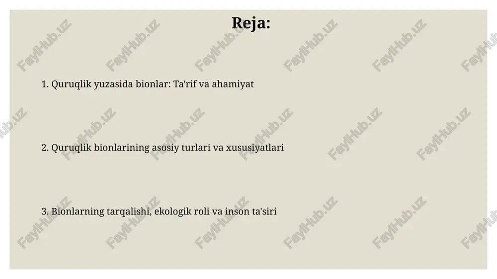 lashgan bo'ladi. cho'l biosferasidagi tuproq unumsiz bo'lib, organik moddalar kamligi va 5 dan 7 gacha ph darajasiga ega bo'lishi tufayli o'simliklar o'sishi cheklangan. o'tloq bionlari o'tloq biomlarida yog'ingarchilik miqdori yiliga 250 mm dan 900 mm gacha bo'lib, o'simliklar hayoti uchun suv ta'minoti yetarli, lekin daraxtlar o'sishi uchun kamlik qiladi. o'tloqlar tuproqlari unumdor bo'lishi mumkin, ayniqsa chirindi moddalar ko'p bo'lgan joylarda, ammo doimiy o't o'simliklarining o'sishi tuproq unumdorligini kamaytirishi mumkin. tundra bionlari tundra bionlarida oʻsimliklar hayoti qisqa vegetatsiya davri bilan cheklangan boʻlib, odatda 50-60 kun davom etadi, shu davrda ular tez oʻsishi va koʻpayishi kerak. tundra bionlarida doimiy muzlik, yaʼni yer ostida muzlagan tuproq qatlami mavjud boʻlib, bu oʻsimliklarning ildiz tizimini chuqurroq oʻsishiga toʻsqinlik qiladi va suvning yaxshi singishiga yoʻl qoʻymaydi. bionlarning tarqalishi bionlarning tarqalishi muhim geografik farqlarga ega, masalan, yuqori kengliklarda biomassaning 60-70 foizi tuproqda saqlanadi, tropiklarda esa bu ko'rsatkich pastroq. global bionlarning tarqalishi harorat, yog'ingarchilik va quyosh radiatsiyasi kabi …