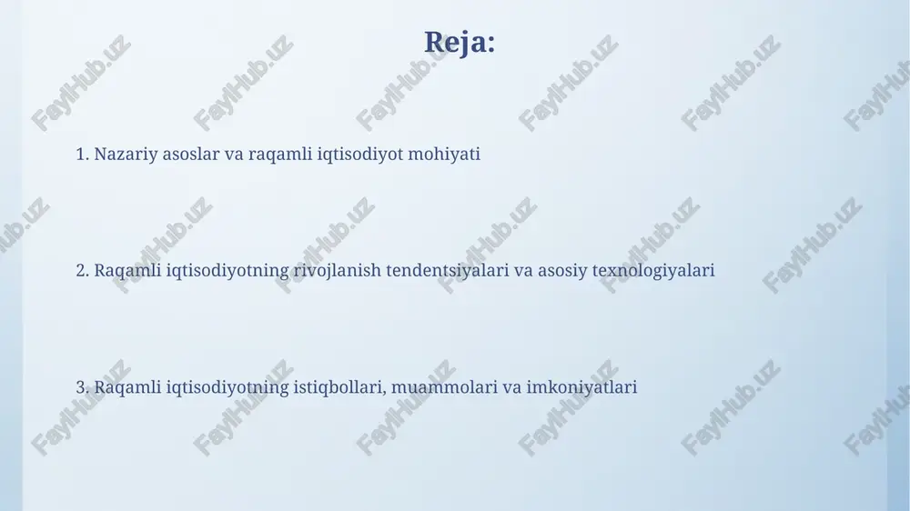 an qarorlar qabul qilish va moslashuvchan texnologiyalarga investitsiya kiritishga bog'liq. biznes modellari raqamli iqtisodiyotda raqamli iqtisodiyotda freemium modeli keng tarqalgan, unda 10% foydalanuvchilar pullik premium versiyasiga o'tadilar, bepul asosiy xizmatdan foydalanishda davom etadilar. e-commerce biznes modellari tovarlarni onlayn sotishga yo'naltirilgan, shu jumladan b2b (55%) va b2c (45%) segmentlari, logistika va marketingni optimallashtirish muhim ahamiyatga ega. davlat siyosati va tartibga solish raqamli iqtisodiyot uchun davlat siyosati ma’lumotlarning erkin oqimini ta’minlash, monopoliyalarni cheklash va 280-sonli qonun bilan raqobatni rag’batlantirishga qaratilgan bo’lishi kerak. tartibga solish innovatsiyalarni bo’g’masligi kerak; davlat sun’iy intellekt va blokcheyn kabi yangi texnologiyalarni sinovdan o’tkazish uchun 12 ta “qum qutilari” yaratishi mumkin. raqamli infratuzilma rivojlanishi raqamli infratuzilma rivojlanishi 5g tarmoqlari, yuqori tezlikdagi internet va ma'lumotlar markazlarini qamrab oladi, bu esa innovatsiyalar va samaradorlikni oshirish uchun muhim ahamiyatga ega. sun'iy yo'ldosh interneti va qishloq joylarida optik tolali aloqa liniyalarining kengayishi raqamli infratuzilmani rivojlantirishda 2025 yilga qadar global miqyosda katta o'zgarishlarga olib …