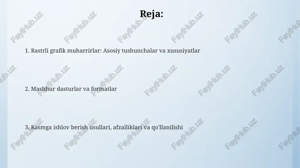 arini tahlil qilish kabi ko'plab amaliy sohalarga ega, bu esa aniqlikni oshiradi. rastr grafik muharrirlarining afzalligi tasvirlarni piksel darajasida tahrirlash imkoniyatidir, bu fotosuratlarni qayta ishlashda va murakkab dizaynlarni yaratishda 100% nazoratni ta'minlaydi. e'tiboringiz uchun rahmat image4.png image1.jpeg