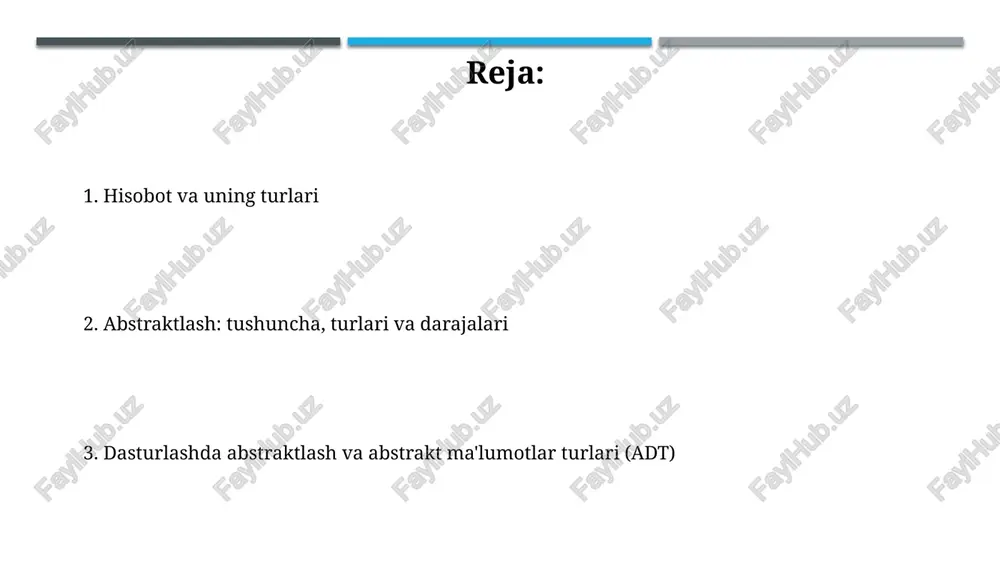 irishni aks ettiradi, bunda ob'ektning faqat asosiy harakatlari yoki amallari (masalan, "bosish" yoki "tortish") ta'kidlanadi va batafsil implementatsiya yashiriladi. ko'rsatmali abstrakt, odatda, 2 yoki undan ortiq ob'ekt o'rtasidagi o'zaro ta'sirni ifodalaydi, bunda har bir ob'ektning rolini va ular qanday qilib bir-biriga ta'sir o'tkazishini aniqlab beradi, lekin ichki mexanizmlarni emas. axborot abstraktning xususiyatlari axborot abstraktida 1-darajali ahamiyatga ega bo'lgan ma'lumotlar saqlanib qolinadi, 2-darajali tafsilotlar esa chiqarib tashlanadi, bu esa muhim jihatlarga e'tiborni jamlashga yordam beradi. axborot abstrakti murakkab tizimlarni 3 ta asosiy qismga bo'lish orqali soddalashtiradi, bu esa tizimning mohiyatini tez va oson tushunish imkoniyatini beradi. abstraktlik darajalari abstraktlik darajalari obyektning 0-darajali abstraksiyasidan tortib, uning eng asosiy xususiyatlarini ko'rsatishdan, n-darajali murakkab modelgacha o'zgaradi, bu esa barcha kerakli tafsilotlarni o'z ichiga oladi. yuqori abstraktlik darajalari (masalan, 3 yoki 4) amaliyotning katta qismini qoplaydi va katta hajmdagi ma'lumotlarni jamlaydi, past darajalar esa (masalan, 1 yoki 2) aniq implementatsiya detallariga qaratiladi. abstraktlikning afzalliklari abstraktlik …