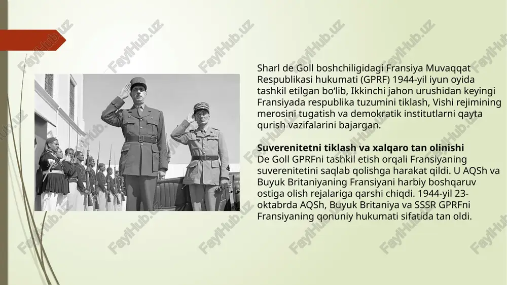 dagi mavqeini tiklashga harakat qildi. fransiya germaniyada okkupatsiya zonasini oldi va bmt xavfsizlik kengashining doimiy a'zosi bo‘ldi. huquqiy tozalash va adolatni tiklash: urush davrida fashistlar bilan hamkorlik qilganlar ustidan sudlar tashkil qilindi. bu jarayon “huquqiy tozalash” (épuration légale) deb ataldi. minglab odamlar jinoiy javobgarlikka tortildi. de goll bu jarayonni qonuniy asosda olib borishni, adolatni ta’minlashni maqsad qilgan edi. konstitutsiyaviy islohotlar: muvaqqat hukumat yangi respublika asoslarini yaratish uchun konstitutsiyaviy islohotlarni boshlab berdi. 1945-yilda referendum o‘tkazilib, yangi konstitutsiya loyihasi ishlab chiqildi. biroq ijro hokimiyatining kuchaytirilishi bo‘yicha sharl de goll va siyosiy partiyalar o‘rtasida kelishmovchilik yuzaga keldi. shu sababli de goll 1946-yil 20-yanvar kuni bosh vazirlikdan iste’fo berdi. e’tiboringiz uchun raxmat! image1.jpeg image2.jpeg image3.jpeg image4.jpeg image5.jpeg image6.jpeg image7.jpeg image8.jpeg /docprops/thumbnail.jpeg