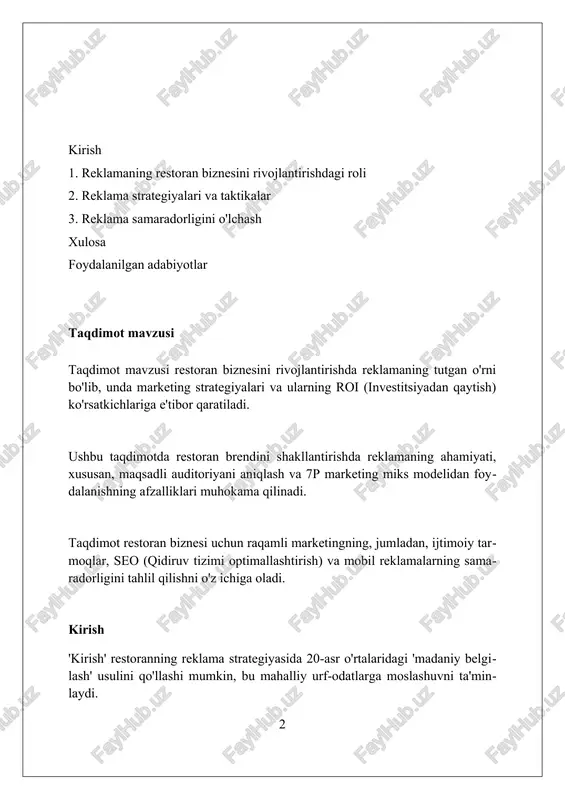 i tanlov qilishga yo'naltiradi. restoran biznesi uchun reklama turlari targetli reklama (masalan, facebook ads) mijozlarning demografiyasi va qiziqishlariga qarab 18-35 yoshdagi shaxslarga aniq restoran aksiyalarini ko'rsatish imkonini beradi. hamkorlik marketingi dasturlari 20% chegirma taklif qilish orqali mahalliy blogerlar va ta'sir o'tkazuvchilarning auditoriyasiga kirishga yordam beradi, bu esa savdoni oshiradi. mahalliy seo optimallashtirish, google my business profilida 5 yulduzli baholarni ta'minlash va doimiy yangilanishlar 30% ko'proq lokal qidiruvlardan tashrif buyurishga imkon beradi. reklama strategiyasini ishlab chiqish reklama strategiyasini ishlab chiqishda 7p marketing miksi (mahsulot, narx, joy, rag'batlantirish, odamlar, jarayon, jismoniy dalillar) restoran biznesi uchun aniq maqsadlarni belgilashda muhim rol o'ynaydi. auditoriyani segmentlash, demografik ko'rsatkichlar (yosh, daromad) va psixografik xususiyatlar (turmush tarzi) kabi mezonlardan foydalangan holda, reklama kampaniyasining samaradorligini oshirishga yordam beradi. byudjetni aniqlash va reklama kanallarini (ijtimoiy media, radio, televidenie) taqsimlashda roi (investitsiya daromadi) ko'rsatkichlarini baholash, resurslarni maqsadli yo'naltirishni ta'minlaydi. target auditoriyani aniqlash maqsadli auditoriyani aniqlash demografik ma'lumotlarni, masalan, 25-40 yoshdagi …