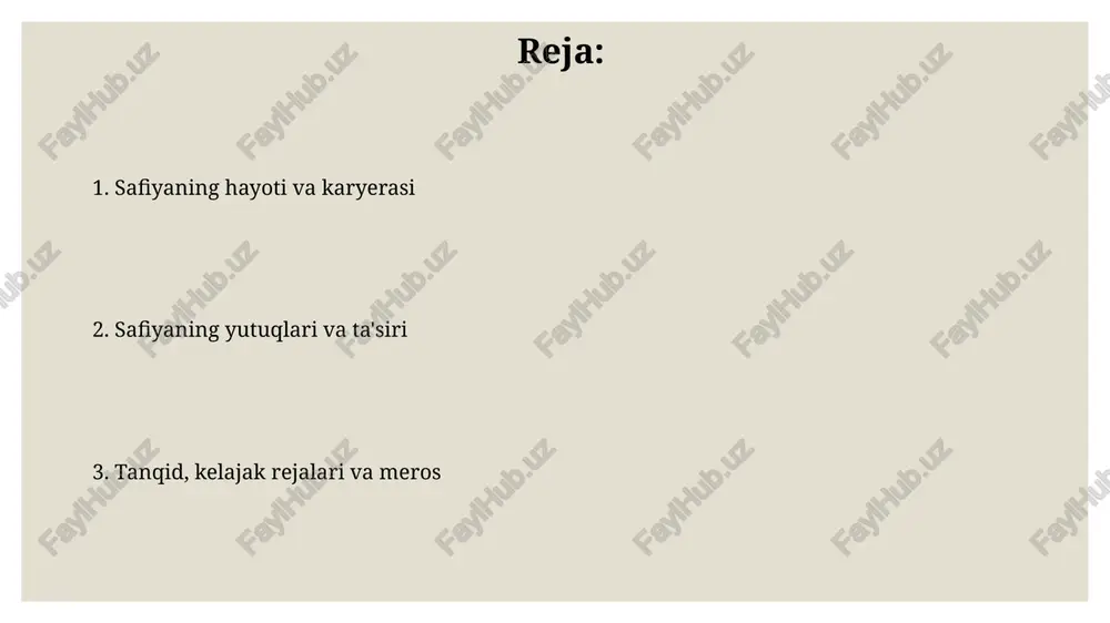 i, masalan, 50 dan ortiq intervyu va maqolalar, ayollarning huquqlari va ta'lim olish imkoniyatlarini kengaytirishga yo'naltirilgan muhokamalarni kuchaytirdi. tanqidlar safiyaning dastlabki loyihalari ayrim tanqidchilar tomonidan o'ta sodda va innovatsion emas deb baholangan, 2010-2015-yillarda uning ishlarida o'ziga xoslik yetishmasligi ta'kidlangan. ba'zi ekspertlar safiyaning 2018-yildagi chiqishlarini uning avvalgi siyosiy pozitsiyalari bilan nomuvofiq deb topgan, natijada uning obro'siga zarar yetgan va bahs-munozaralarga sabab bo'lgan. kelajak rejalari safia o'zining 2025-yilgacha bo'lgan maqsadlariga erishish uchun yangi, innovatsion texnologiyalarga asoslangan ta'lim platformasini yaratishni rejalashtirmoqda, bu esa ko'proq talabalarga yordam beradi. u 2030-yilga borib global miqyosda 5 ta yangi filiallarga ega bo'lishni maqsad qilgan holda, o'z biznesini kengaytirish va investitsiyalarni jalb qilish bo'yicha aniq strategiyalar ustida ishlamoqda. merosi safiyaning merosi, ayniqsa, 20 yillik faoliyati davomida, madaniy merosni saqlash va rivojlantirish bo‘yicha qilgan bebaho ishlari bilan namoyon bo‘ladi. uning 10 dan ortiq ilmiy maqolalari va 5 ta kitobi turli avlodlar uchun muhim manba bo‘lib, bilim va tushunchalarni yetkazishda …