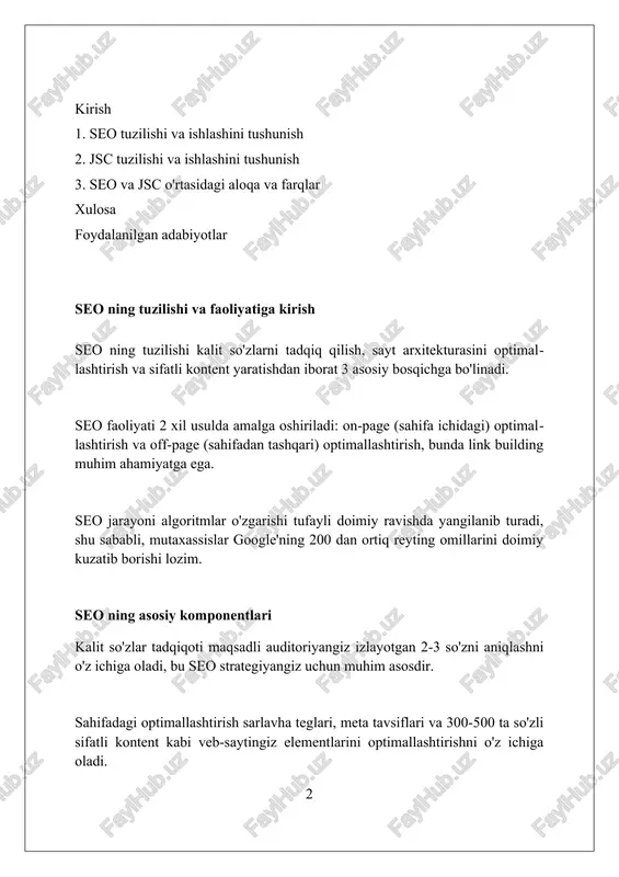 i (h1-h6) sahifa mavzusini aniq ifodalashi, asosiy kalit so'zlarni o'z ichiga olishi va 60 belgidan oshmasligi kerak, bu qidiruv tizimlariga sahifani tushunishga yordam beradi. meta tavsiflar sahifa mazmunini qisqacha tavsiflaydi, 150-160 belgidan iborat bo'lishi va foydalanuvchilarni sahifaga kirishga undaydigan chaqiriq (cta)ni o'z ichiga olishi muhim. sahifa url manzilida asosiy kalit so'zlar bo'lishi, statik va tushunarli bo'lishi lozim. dinamik urllardan qochish, chunki ular seo uchun yomon deb hisoblanadi. sahifadan tashqari optimallashtirish (off-page seo) sahifadan tashqari seo ishonchlilikni oshirish uchun boshqa saytlardan sifatli 10 dan ortiq havolalarni olishni talab qiladi, bu esa serp reytingini yaxshilaydi. ijtimoiy signallar, 5 ta asosiy platformadagi (facebook, x, linkedin va boshqalar) brendning ishtiroki, sahifadan tashqari seo strategiyasining ajralmas qismidir. onlayn obro‘ni boshqarish (orm) 7/24 kuzatuv va faol javoblarni o‘z ichiga oladi, bu brend imidjini himoya qiladi va 90% mijozlar ishonchini mustahkamlaydi. texnik seo texnik seo saytning tezligi, mobil moslashuvchanligi va tuzilishini optimallashtirish orqali qidiruv tizimlariga 100% mos …