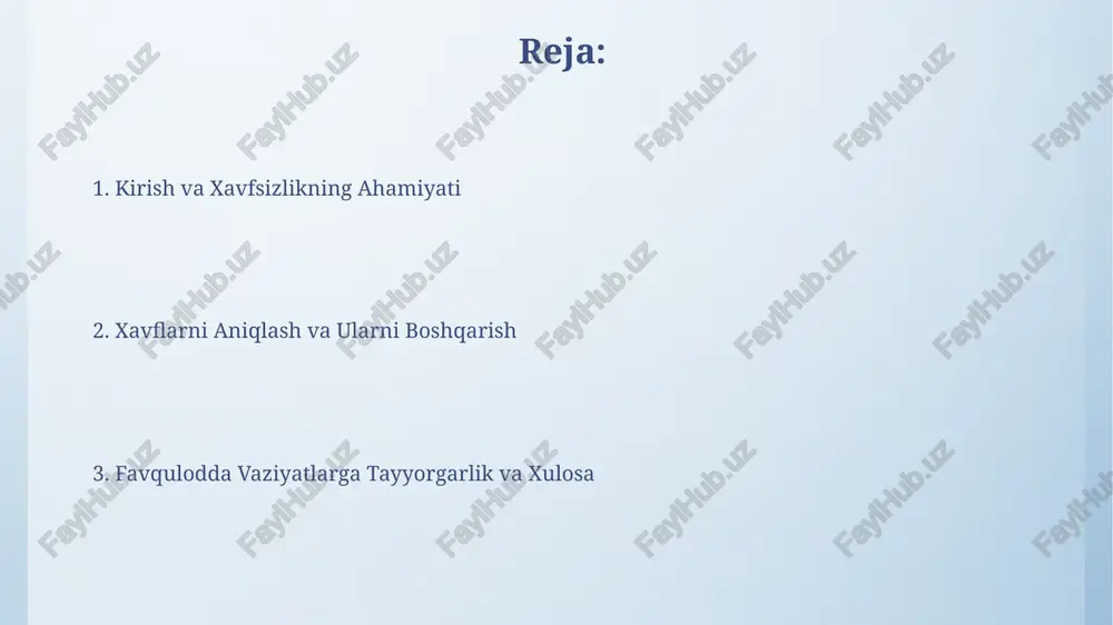 erak. zilzila paytida 'egil, berkin, ushlab tur' qoidasi bo'yicha harakatlanish, shamol bo'ronlari paytida esa pastroq joylarda pana topish favqulodda tayyorgarlikning muhim qismidir. sog'liqni saqlash va xavfsizlik qoidalari ish joyidagi xavfsizlik qoidalariga rioya qilish, masalan, shaxsiy himoya vositalaridan foydalanish (ppe) jarohatlar sonini 75% gacha kamaytirishi mumkin. favqulodda vaziyatlarda, 10 daqiqa ichida birinchi yordam ko'rsatish, jabrlanuvchining omon qolish imkoniyatini 50% gacha oshirishi mumkinligini bilasizmi? xulosa xulosa darsning asosiy nuqtalarini jamlaydi, o'quvchilarning tushunishini mustahkamlaydi va keyingi amaliy mashg'ulotlar uchun 70-80% tayyorligini ta'minlaydi. xulosa qisqa, aniq bo'lishi va 3-4 ta asosiy xavfsizlik qoidalarini yoki sog'liqni saqlash bo'yicha amaliy maslahatlarni o'z ichiga olishi kerak. e'tiboringiz uchun rahmat image4.png image5.png image6.jpg image7.jpg image8.jpg image9.jpg image10.jpg image11.jpg image12.jpg image1.jpeg