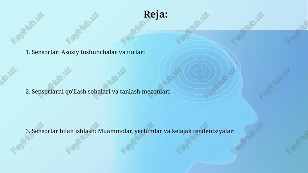 echim - muntazam ravishda 3 nuqtali kalibrlash usulidan foydalanish va aniq ma'lumotnoma standartlari bilan taqqoslashdir. emining sensorlarga ta'siri signal buzilishiga olib keladi. muammo yechimi - ekranlangan kabellardan foydalanish va 100 gts dan past chastotalarda yaxshi ishlash uchun filtrlash. sensorlarning kelajakdagi tendentsiyalari, afzalliklari va kamchiliklari kelajakda sezgichlar o'lchamlari 10 nanometrgacha kichrayadi, energiya iste'moli esa mikro vattgacha kamayadi, bu esa ko'chma qurilmalarda ulardan foydalanish imkoniyatini kengaytiradi. sezgichlarning afzalliklari: real vaqtda ma'lumot olish, yuqori aniqlik (0.1% gacha) va avtomatlashtirish imkoniyati, kamchiliklari: haroratga sezuvchanlik va murakkab kalibrlash talabi. e'tiboringiz uchun rahmat image2.jpg image3.jpg image4.jpg image5.jpg image6.jpg image1.png