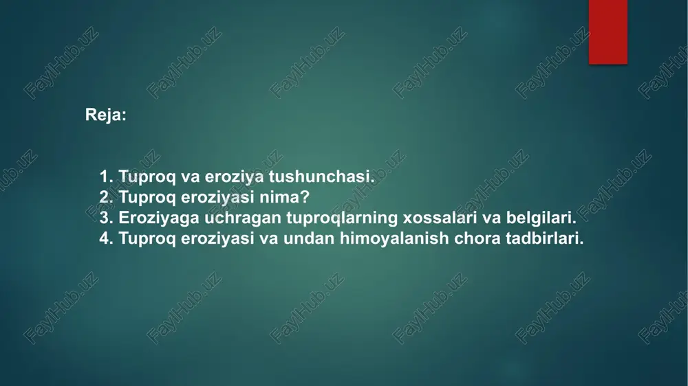 iard aqsh dollari sarflanishi kerak. tabiiy sharoitda sodir boʻlsa yoʻqoladigan samarali tuproqlar tabiiy almashinuv doirasida qayta tiklanadi. eroziya bilimsizlik va antropogen sabablar orqali qayta tiklanmas darajalarga yetmoqda. samarali tuproqlarning eroziya tufayli yoʻqolishi ziroat hajmi pasayishiga olib kelmoqda. eroziyaning sodir boʻlishi tabiiy faktorlar bilan boʻlmoqda, ammo eroziyaning tovon etilmaz zararlarga sabab boʻlishi odamlarning bu faktorlarni tezlatishi tufaylidir. tuproq eroziyasi (lot. erasio yemirilish, nurash) — tuproqning eng unumdor yuqori qatlamlari va tuproq osti jinslarining atmosfera yogʻinlari hamda sugʻorish suvlari, shamol va boshqa taʼsirida yemirilish jarayoni. yuz berish darajasiga koʻra, tabiiy va jadallashgan (yemiradigan) turlarga boʻlinadi. tabiiy tuproq eroziyasi nisbatan sekin kechib, tuproq tabiiy hosil boʻlish jarayonida qayta tiklanib turadi. jadallashgan tuproq eroziyasi odamning xoʻjalik faoliyati (madaniy oʻsimliklarni oʻstirishda yerdan notoʻgʻri, uquvsiz foydalanish, eroziyaga qarshi tadbirchoralarga rioya qilmay yerlarni oʻzlashtirish, sugorish, chorva mollarni boqish, oʻrmonzorlarni yoʻq qilish, qurilish ishlarini olib borish va boshqalar) natijasida yuz berib, tuproq unumdorligini sezilarli darajada pasaytirib yuboradi. tuproq …