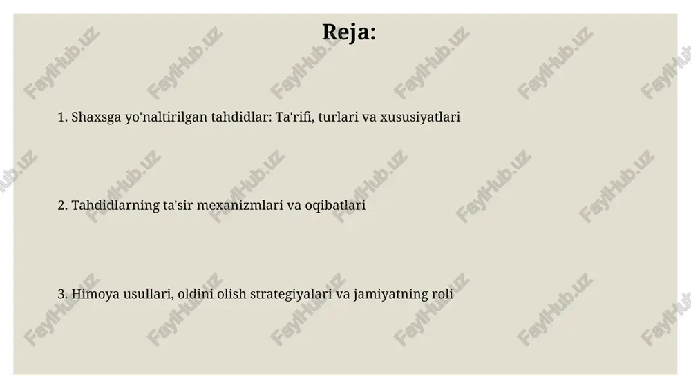 hlarga ta'siri ijtimoiy tarmoqlar orqali yoshlar radikal g'oyalarga berilishi, natijada ijtimoiy kelishmovchiliklar 20% ga oshishi kuzatilmoqda, bu jamiyat barqarorligiga jiddiy putur yetkazadi. oilalarda diniy ekstremizm ta'siri ostida ajralishlar soni so'nggi 5 yilda 15% ga ko'paydi, bolalarning psixologik travmalari va tarbiyasi buzilmoqda. ta'lim, madaniyat va diniy e'tiqodga ta'siri ta’limda tahdidlar o’quv dasturlariga g’oyaviy ta’sirlarni kiritish orqali namoyon bo’ladi, bu esa tanqidiy fikrlash qobiliyatini 20% kamaytirishi mumkin va soxta bilimlarni tarqatishga olib keladi. madaniyatga ta’sir milliy qadriyatlarni 35% ga qadrsizlantirish, yosh avlodning o’z tarixiga befarqligini oshirish va begonalar madaniyatiga 15% ga qiziqishni kuchaytirish orqali kuzatiladi. rol o'ynovchi sub'ektlar, misollar va kelajak tendentsiyalari davlat organlari fuqarolarni himoya qilish uchun qonunchilikni kuchaytirishda asosiy rol o'ynaydi, ayniqsa 5g texnologiyasi tarqalishi bilan dezinformatsiyaga qarshi kurashishda. nodavlat tashkilotlar (masalan, faktlarni tekshiruvchi guruhlar) yolg'on ma'lumotni fosh etishda muhim ahamiyatga ega, ayniqsa ai yaratgan deepfakes ko'payishi bilan. e'tiboringiz uchun rahmat image3.jpg image4.jpg image5.jpg image6.jpg image7.jpg image8.jpg image9.jpg