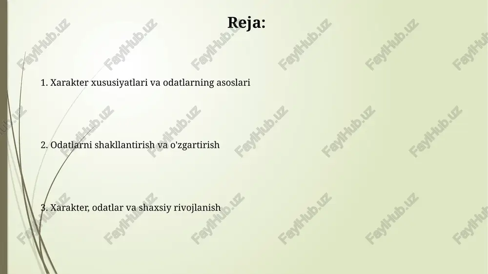 llar shaxsiyat xususiyatlarining taxminan 30-60% ini tashkil qiladi, bu esa temperament va reaksiya tezligiga ta'sir etadi, muhit esa qolgan qismni shakllantiradi. muhit, ayniqsa erta bolalikdagi tajribalar, miyaning rivojlanishiga ta'sir etadi va 5-10 yoshgacha bo'lgan davrda xarakter shakllanishida muhim rol o'ynaydi. sog'lom va zararli odatlar sog'lom odatlar, masalan, har kuni 30 daqiqa jismoniy mashq qilish, stressni kamaytiradi va yurak-qon tomir salomatligini yaxshilaydi, hayot sifatini sezilarli darajada oshiradi. zararli odatlar, chekish kabi, tarkibida 7000 dan ortiq kimyoviy moddalar mavjud bo'lib, o'pka saratoni xavfini 20 barobar oshiradi va umumiy salomatlikka putur yetkazadi. xarakter, odatlar va muvaffaqiyat muvaffaqiyatga erishish uchun vijdonlilik, mas'uliyatlilik va 10 yildan ortiq vaqt davomida mustahkam mehnat odatlari kabi xarakter xususiyatlari juda muhim rol o'ynaydi. tadqiqotlar shuni ko'rsatadiki, 80% muvaffaqiyatli shaxslar maqsadga yo'naltirilganlik va o'z-o'zini nazorat qilish kabi ijobiy odatlarga ega. e'tiboringiz uchun rahmat image1.jpg image2.jpg image3.jpg image4.jpg image5.jpg image6.jpg image7.jpg