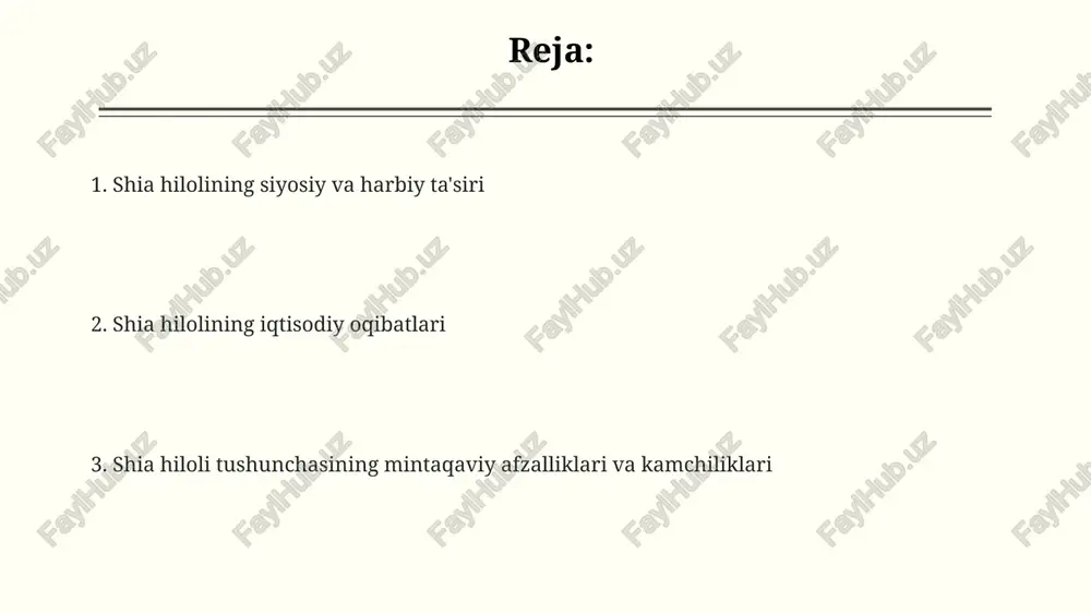 qda. iqtisodiy ta'sir: savdo aloqalari va resurslar ustidagi kurash shiialar ko'p bo'lgan hududlarda savdo yo'llari shakllanishi neft va gaz kabi resurslarni nazorat qilish uchun raqobatni kuchaytirib, narxlarga ta'sir qilishi mumkin. “shia hiloli”ning iqtisodiy ta'siri davlatlar o'rtasida 10 milliard dollarlik savdo kelishuvlariga olib kelishi, shuningdek, sanksiyalarga qarshi turish uchun hamkorlikni kuchaytirishi mumkin. bu mintaqaviy iqtisodiyotlarning 20 foizdan ortig'i iqtisodiy ta'sir ostida qolishi mumkin, infratuzilma loyihalariga 5 milliard dollardan ortiq sarmoya kiritilishi kutilmoqda. ijtimoiy-madaniy ta'sir: konfessiyalararo munosabatlar va identifikatsiya “shia hiloli” tushunchasi mintaqadagi shialarning o‘ziga xosligini mustahkamladi, lekin ayni paytda sunniy jamoalar orasida begonalashuv va qo‘rquvni keltirib chiqardi. konfessiyalararo munosabatlar shiddatli tus oldi, ayniqsa sunniy-shia mojarolari kuchaydi, bu esa 2006-yilgi iroqdagi portlashlardan keyin yanada avj oldi. bu konsepsiya siyosiy elitalar tomonidan manipulyatsiya qilingani sababli, diniy identifikatsiya siyosiylashdi, bu esa milliy birlikka jiddiy putur yetkazdi. shia hilolining mintaqadagi zararlari va afzalliklari shia hiloli geosiyosiy muvozanatni oʻzgartirishi mumkin, masalan, suriyadagi 2011-yildagi fuqarolar urushi eronning …