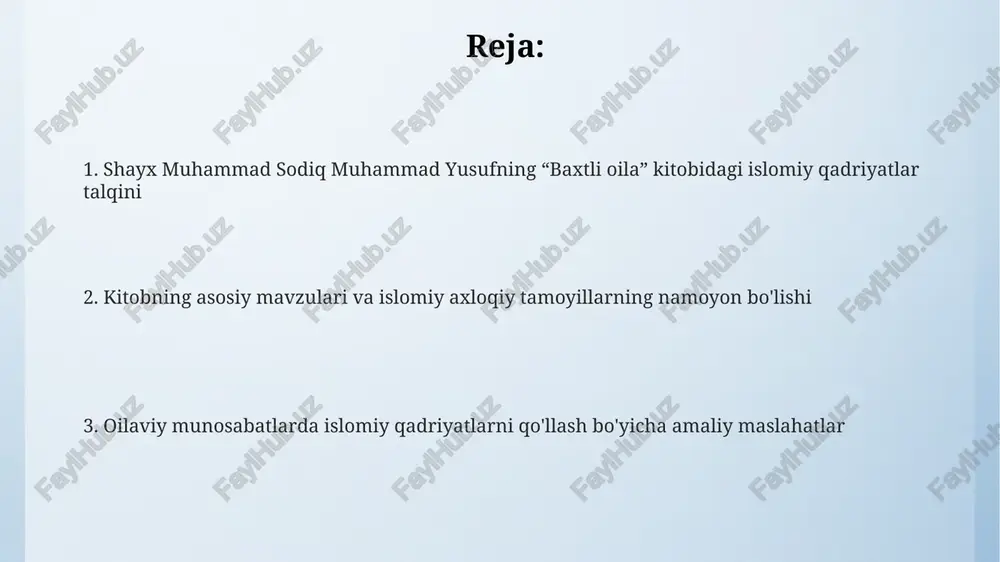 muvofiq zamonaviy talqin etiladi, bunda nikohning ahamiyati chuqur yoritiladi. muallif, shayx muhammad sodiq muhammad yusuf, islomiy axloqni 3 ta muhim jihat: hurmat, mehr-oqibat va adolat orqali oilada mustahkamlash yo'llarini ko'rsatadi. e'tiboringiz uchun rahmat image4.png image5.png image1.jpeg