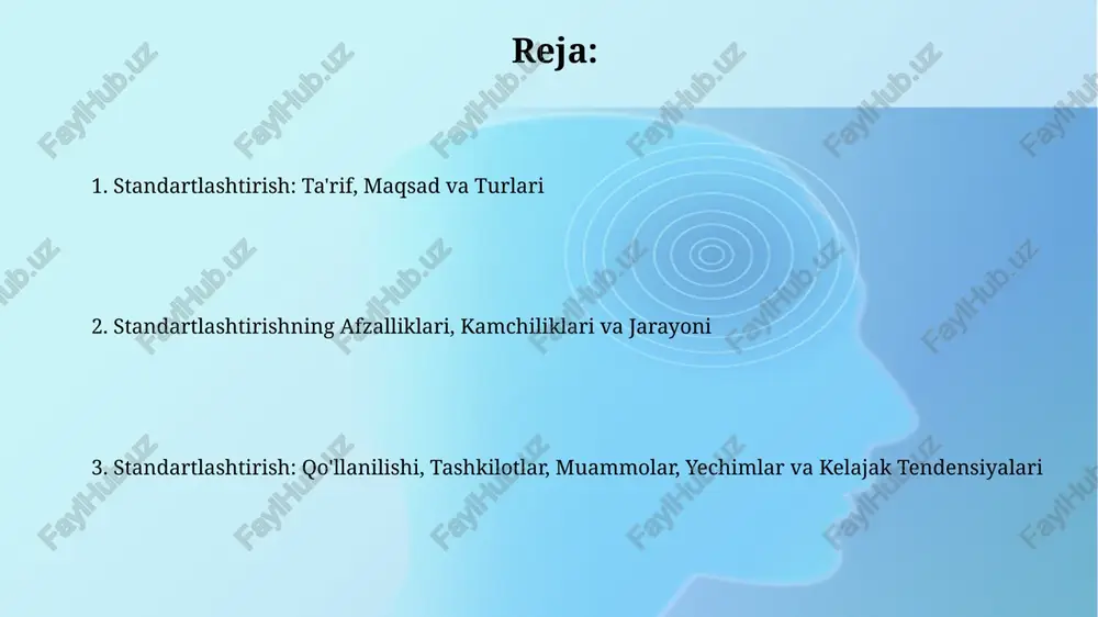 ni rag'batlantiradi. standartlashtirishdagi muammolar va yechimlar standartlashtirishdagi muammolardan biri - texnologiyaning tez o'zgarishi, bu 18-oylik standartlar eskirishiga olib keladi. yechim: moslashuvchan, tezkor yangilanuvchi standartlar ishlab chiqish. standartlarni joriy etishning qimmatligi, ayniqsa kichik va o'rta biznes (kob) uchun, muhim muammo hisoblanadi. yechim: davlat subsidiyalari va 25% gacha moliyaviy yordam ko'rsatish. standartlashtirishning kelajakdagi tendensiyalari kelajakda standartlashtirish sun'iy intellekt (si) va mashinani o'rganish orqali avtomatlashtirilgan sifat nazorati va moslikni baholashning keng qo'llanilishini ko'radi. blokcheyn texnologiyasi standartlashtirishda shaffoflikni oshirish va standartlarni sertifikatlashda ishonchni ta'minlash uchun qo'llaniladi, ayniqsa, 4.0 sanoatida bu o'z aksini topadi. e'tiboringiz uchun rahmat image2.jpg image3.jpg image4.jpg image5.jpg image6.jpg image7.jpg image1.png