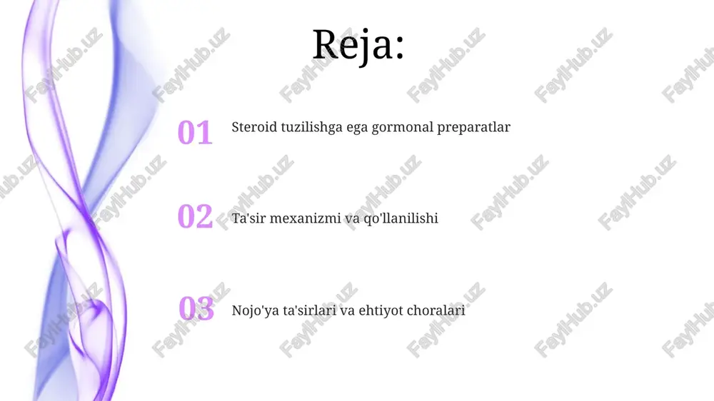 lishi mumkin (osteoporoz), bu esa suyaklarning sinish xavfini oshiradi va 20-30% gacha suyak massasini yo'qotishga sabab bo'ladi. steroid gormonlarining nojo'ya ta'sirlari yurak-qon tomir kasalliklari xavfini oshirishi mumkin, xususan, qon bosimining ko'tarilishi va xolesterin darajasining o'zgarishi kuzatiladi. qo'llash mumkin bo'lmagan holatlar og'ir yurak yetishmovchiligi 3-4 darajasi bo'lgan bemorlarda, steroid gormonlar suyuqlikni ushlab turishi va vaziyatni yanada og'irlashtirishi mumkin, shuning uchun ularni qo'llash mumkin emas. steroid preparatlar jigar faoliyatini buzishi mumkin, shuning uchun jigar sirrozi yoki o'tkir gepatit kabi jigar kasalliklari bo'lgan bemorlarga ularni berish kontrendikedir. dorivor o'zaro ta'sirlashuv steroid dorilar cyp3a4 fermenti orqali metabolizmga uchraydi, shuning uchun ketokonazol kabi ingibitorlar qon darajasini oshirishi, rifampisin kabi induktorlar esa kamaytirishi mumkin. steroidlar diuretiklar bilan birga qabul qilinganda gipokaliemiya xavfini oshirishi mumkin, chunki ikkalasi ham kaliy yo'qotilishiga olib keladi, bu esa yurak ritmining buzilishiga olib kelishi mumkin. e'tiboringiz uchun rahmat image4.jpg image5.jpg image6.jpg image7.jpg image8.jpg image9.jpg image10.jpg image1.jpeg image2.jpeg image3.jpeg
