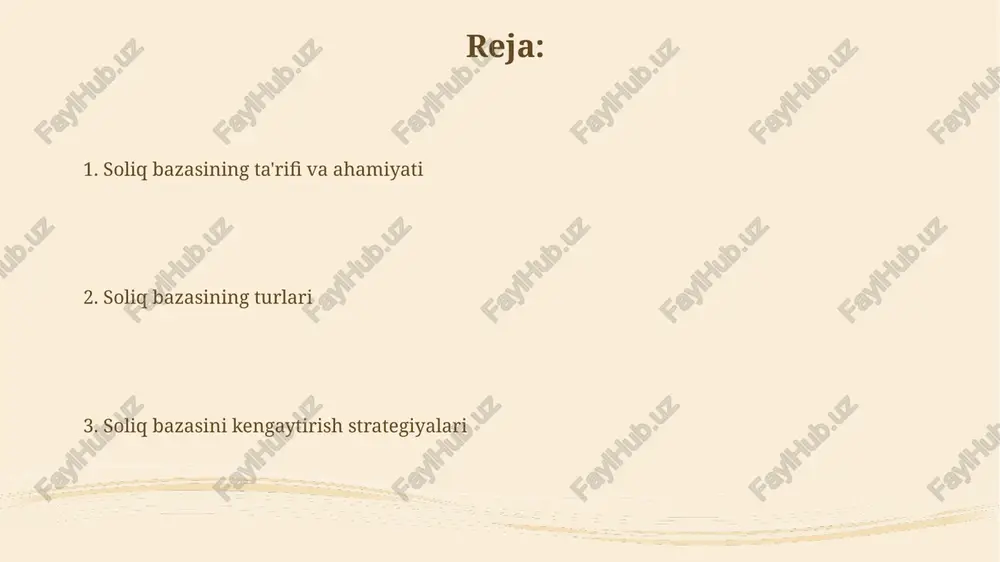 qs stavkasini 12% dan 15% ga oshirish soliq tushumlarini 20% ga oshirishi mumkin. soliq bazasini kengaytirish yo'llari soliq bazasini kengaytirishning bir usuli, norasmiy iqtisodiyotni qisqartirish, buning uchun nazoratni kuchaytirish, 2024-yilda elektron hisob-fakturalarni joriy etish va raqamli platformalarni tartibga solish kerak. ko'chmas mulk solig'i bazasini kengaytirish uchun kadastr qiymatini 100% aniqlikda belgilash, yer uchastkalaridan foydalanish samaradorligini oshirish va yangi qurilgan ob'ektlarni ro'yxatga olishni tezlashtirish zarur. soliq bazasi va soliq stavkasi o'rtasidagi bog'liqlik soliq bazasi ortishi soliq stavkasining o'zgarishiga olib kelishi mumkin; progressiv soliq tizimida yuqori daromad, yuqori stavka, regressiv soliq tizimida esa aksincha bo'ladi. soliq stavkasi soliq bazasidan keladigan daromadni hisoblash uchun asos bo'lib xizmat qiladi, ya'ni stavka 10% bo'lsa, 100 so'm soliq bazasidan 10 so'm soliq olinadi. turli mamlakatlarda soliq bazasi turli mamlakatlarda soliq bazasi yaim (yalpi ichki mahsulot) yoki yam (yalpi milliy mahsulot) kabi makroiqtisodiy ko'rsatkichlar bilan bog'liq bo'lishi mumkin, o'zgarishlar soliq tushumlariga ta'sir qiladi. ko'pgina davlatlar jismoniy shaxslarning …
