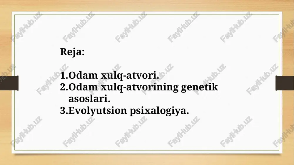 ormonal muvozanatni boshqaradi. ushbu genlar orqali: asab tizimi sezuvchanligi, hissiy holatlar (quvonch, g‘azab, qo‘rquv, tushkunlik), qaror qabul qilish tezligi, stressga chidamlilik darajasi, tajovuzkorlik yoki ijtimoiylik kabi xususiyatlar shakllanadi. genetikaning xulq-atvorga ta’sirini chuqur o‘rganishda bir tuxumli egizaklar ustida olib borilgan tadqiqotlar muhim ahamiyatga ega. ushbu tadqiqotlar shuni ko‘rsatadiki, bir tuxumli egizaklar (100% genetik jihatdan bir xil) turli sharoitlarda tarbiyalangan bo‘lsa ham, ularning ko‘plab psixologik va xulqiy xususiyatlari o‘xshash bo‘ladi. bu esa genetik omillar kuchli ta’sir ko‘rsatishini ko‘rsatadi. adoptsiya (farzandlikka olish) asosida olib borilgan tadqiqotlar esa bola biologik ota-onasi bilan ko‘proq xulqiy o‘xshashlikka ega bo‘lishini ko‘rsatgan. bu holat ham genetik merosning ahamiyatini tasdiqlaydi. inson xulq-atvorining genetik asoslarini tushunishda evolyutsion psixologiya ham muhim o‘rin tutadi. evolyutsiya davomida ayrim xatti-harakatlar (masalan, himoya instinkti, guruhda yashash, juft tanlash, ota-onalik hissi) genetik ravishda saqlanib qolgan, chunki ular omon qolish va ko‘payishda yordam bergan. bu xatti-harakatlar: instinktiv bo‘lib, odam tug‘ilganidan boshlab mavjud bo‘ladi, qisman moslashuvchan, ya’ni muhitga …