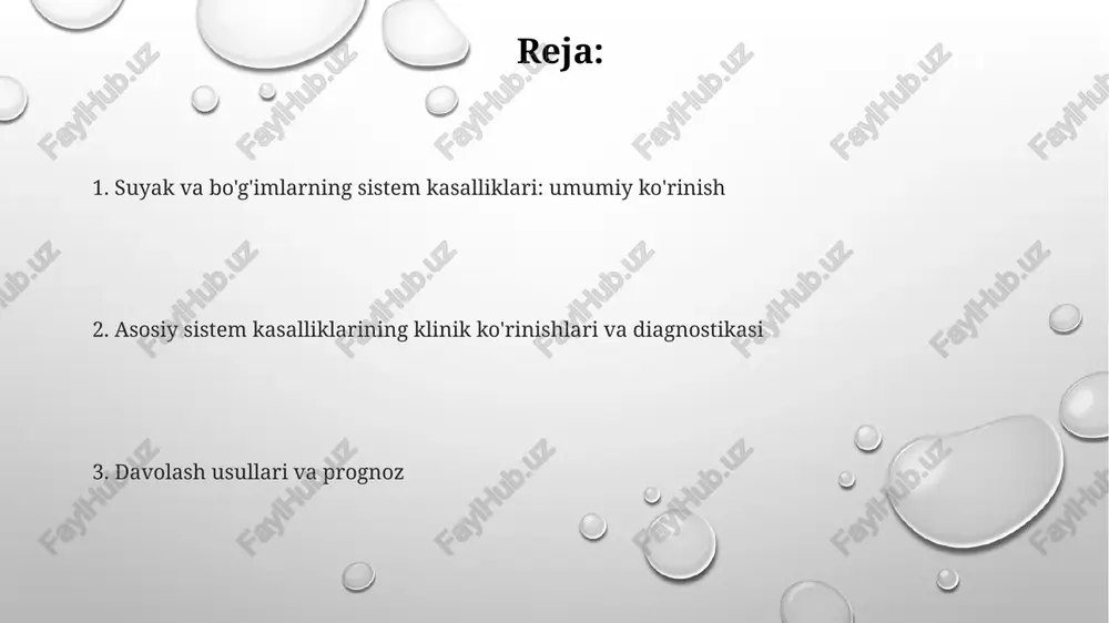 kasallik ko'pincha simptomsiz kechadi, lekin og'riq, deformatsiya va sinish xavfini oshirishi mumkin, taxminan 1-3% aholida 50 yoshdan keyin uchraydi. paget kasalligining sababi to'liq aniqlanmagan, lekin genetik omillar va virusli infektsiyalar (paramiksovirus) muhim rol o'ynashi mumkin, bu esa osteoklastlarning faolligini oshiradi. suyak displaziyalari achondroplaziya - bu eng ko'p uchraydigan suyak displaziyasi bo'lib, fgfr3 genidagi mutatsiya natijasida kelib chiqadi va suyak o'sishini sekinlashtiradi, natijada proportsional bo'lmagan past bo'yli bo'ladi. suyak displaziyalari 450 dan ortiq genetik kasalliklarni o'z ichiga oladi, ularning asosiy belgisi skeletning g'ayritabiiy shakllanishidir, bo'yning pastligi kabi klinik ko'rinishlarga olib keladi. osteogenez imperfekta, shuningdek mo'rt suyak kasalligi sifatida ham tanilgan, kollagen i sintezida ishtirok etadigan col1a1 va col1a2 genlaridagi defektlar tufayli kelib chiqadi va tez-tez sinishlarga olib keladi. giperparatiroidizm birlamchi giperparatiroidizmda 80-85% holatlarda bitta adenoma (xavfsiz oʻsma) paratiroid bezining faoliyatini oshirib yuboradi. giperparatiroidizm koʻpincha suyaklardagi kaltsiyning patologik yoʻqolishiga olib keladi, natijada suyak zichligi kamayib, sinish xavfi sezilarli darajada ortadi. pth ning …