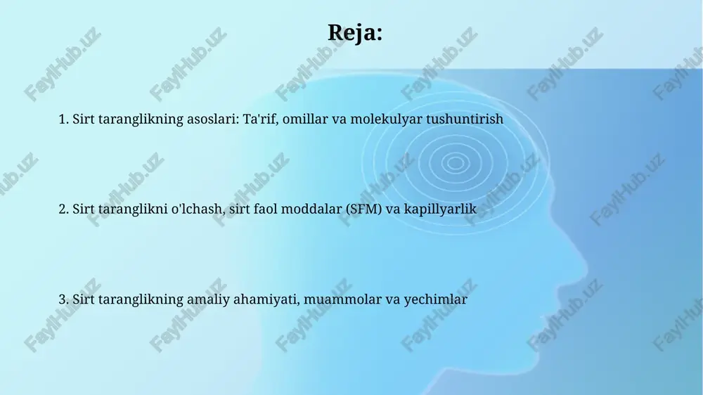 rilishiga yordam beradi. sirt taranglikning amaliy ahamiyati sirt tarangligi yordamida detarjentlar suvning sirt tarangligini pasaytiradi, bu matolardan kirni olib tashlashni osonlashtiradi, bunda 0.073 n/m dan pastroq ko'rsatkichga erishiladi. farmatsevtikada sirt tarangligi dori vositalarining so'rilish tezligiga ta'sir qiladi; kichik tomchilar hosil qilish orqali dori vositalarining samaradorligini oshirish mumkin, bu 0.05 n/m atrofida bo'lishi kerak. sirt taranglik bilan bog'liq muammolar sirt tarangligi suyuqlik tomchilarining hosil bo'lishiga olib kelishi mumkin, bu esa nozik purkagichlarda yoki siyohli printerlarda muammolarga olib keladi, chunki tomchilar bir xil bo'lmasligi mumkin. neftning suv ustida tarqalishi sirt tarangligi gradientlari tufayli sodir bo'ladi, bu esa dengiz hayotiga zarar yetkazuvchi va tozalashda qiyinchilik tug'diruvchi katta neft qatlamlarining hosil bo'lishiga olib keladi. muammolarning yechimlari sirt tarangligini kamaytirish uchun sirt faol moddalar (sfm) ishlatiladi; masalan, sovunlar suvning sirt tarangligini pasaytirib, yog'larni yaxshiroq eritadi, bunda 0.073 n/m dan past qiymatlar ko'zda tutiladi. kapillyar hodisasidagi muammolarni bartaraf etish uchun kapillyar diametrni o'zgartirish mumkin; kichikroq diametr …