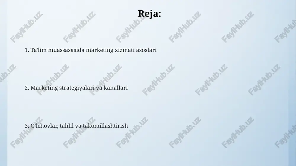 materiallari va maqolalar joylashtirishdan foydalanish maqsadga muvofiqdir. raqamli marketing va kontent marketing kontent marketing ta'lim muassasasida 70% talabalarning e'tiborini jalb qilish uchun qimmatli blog postlari, infografikalar va video darsliklardan foydalanadi. raqamli marketingda seo optimallashtirish orqali 30% ko'proq potentsial talabalarni jalb qilish maqsadida veb-sayt va kontent kalit so'zlar bilan optimallashtiriladi. ppc reklama kampaniyalari orqali raqamli marketingda 25% maqsadli auditoriyani aniqlash va ularga moslashtirilgan e'lonlarni namoyish qilish mumkin. brending va aloqa strategiyasi brendingda 3 asosiy rangdan foydalanish, o'quv dasturlari haqida sodda va tushunarli 5 ta asosiy xabarni o'z ichiga olgan aloqa strategiyasini ishlab chiqish muhim. brending ta'lim muassasasining 10 yillik nufuzini aks ettirishi kerak, shu bilan birga aloqa strategiyasi ota-onalar bilan ikki tomonlama 24/7 aloqani ta'minlashi lozim. aloqa strategiyasi 6 oylik rejalarga asoslanib, har bir o'quv yili boshida 2 ta ochiq eshiklar kuni tadbirini o'tkazish orqali brendingni mustahkamlashi kerak. marketing byudjeti, o'lchovlar va tahlil byudjet tuzilishi raqamli marketingga 60% va tadbirlar marketingiga …