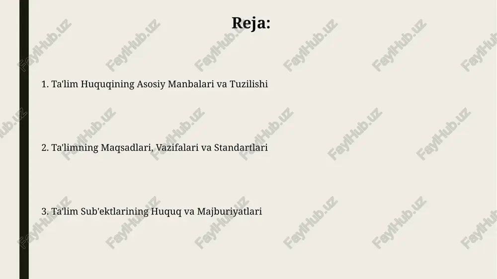 qilish, hamda o'qituvchilarning qonuniy talablarini bajarish kiradi. ta'lim muassasalari: tashkil etish, faoliyati va boshqarish ta’lim muassasalarini tashkil etish o’zbekiston respublikasi vazirlar mahkamasining 211-sonli qarori asosida, litsenziya olish va akkreditatsiyadan o’tish tartibi bilan amalga oshiriladi. ta'lim muassasalarining faoliyati o'quv rejalari, dasturlari va ta'lim standartlariga muvofiq olib boriladi, ularning asosiy maqsadi sifatli ta'lim berish hisoblanadi. ta'limni moliyalashtirish va ta'limning maxsus shakllari (inklyuziv, maxsus, kasbiy, oliy) ta'limni moliyalashtirish davlat byudjeti, mahalliy byudjetlar va ta'lim muassasalari daromadlaridan iborat bo'lib, inklyuziv ta'lim uchun qo'shimcha mablag'lar ajratish ko'zda tutilgan. maxsus ta'lim, masalan, bolalar uchun 100-sonli maktab-internatlari davlat tomonidan to'liq moliyalashtiriladi va ularning xarajatlari davlat byudjetidan qoplanadi. ta'lim sohasidagi huquqbuzarliklar, javobgarlik va xalqaro hamkorlik ta'lim sohasidagi huquqbuzarliklar, masalan, 165-moddaga ko'ra, imtihon natijalarini soxtalashtirish bhmning 50 baravarigacha jarima yoki 360 soatgacha majburiy ishlar bilan jazolanadi. xalqaro hamkorlik doirasida, o'zbekiston 2030 yilgacha bo'lgan davrda barqaror rivojlanish maqsadlarining 4-maqsadiga (sifatli ta'lim) erishish uchun xorijiy davlatlar bilan tajriba almashmoqda. e'tiboringiz uchun …