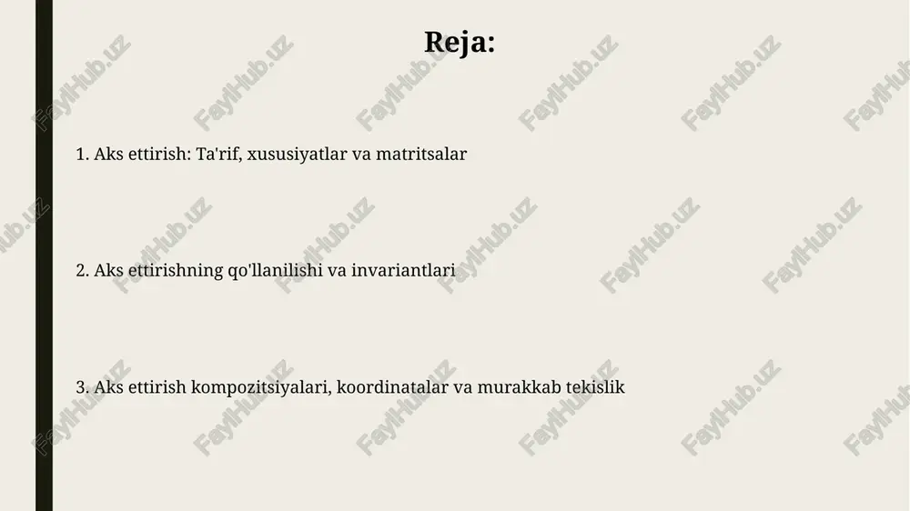 ri 2 o'lchovli va 3 o'lchovli fazolarda saqlanib qoladi. murakkab tekislikda aks ettirish murakkab tekislikda aks ettirish z = x + iy nuqtani uning kompleks qoʻshmasi z* = x - iy ga oʻzgartiradi, bu haqiqiy oʻq boʻylab aks ettirishga mos keladi. murakkab tekislikda f(z) funksiyani aks ettirish f*(z*) bilan ifodalanadi, bu yerda f* funksiyaning kompleks qoʻshmasi boʻlib, koʻpincha integral hisoblashda qoʻllaniladi. 3d aks ettirish 3d aks ettirishda tekislikka nisbatan aks ettirish 3x3 aks ettirish matritsasi orqali ifodalanishi mumkin, bu matritsa aks ettirish tekisligining normal vektoriga asoslangan transformatsiyani o'z ichiga oladi. 3d aks ettirish tekisligining invariant nuqtalari aks ettirish tekisligida yotadi; bu tekislikda har bir nuqta aks ettirish operatsiyasidan so'ng o'z joyida qoladi, o'zgarmaydi. e'tiboringiz uchun rahmat image1.png image2.jpg image3.jpg image4.jpg image5.jpg image6.jpg image7.jpg