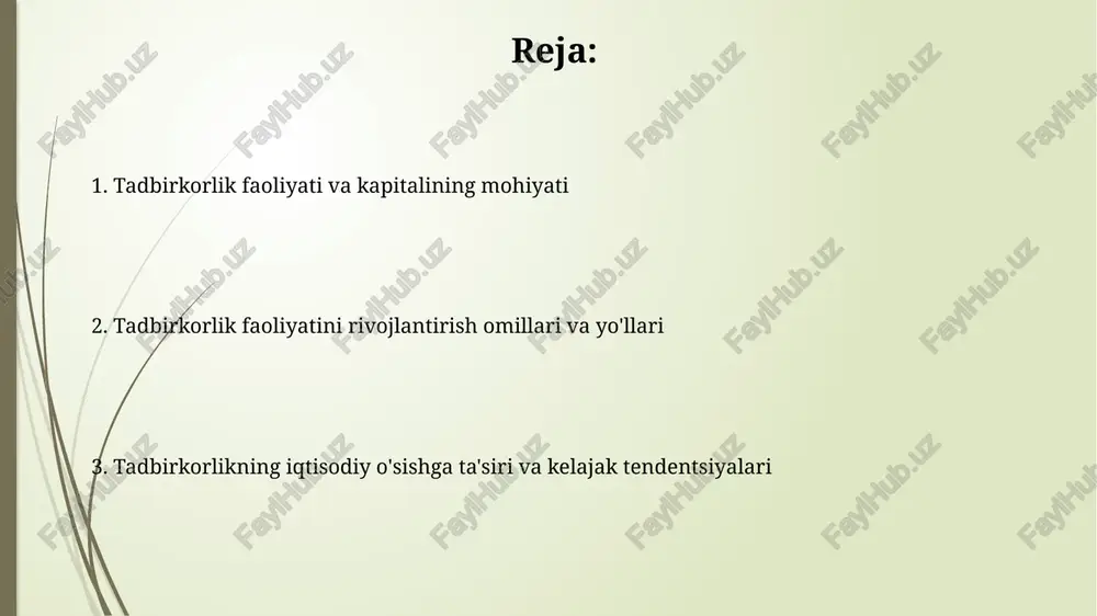 rkorlikning roli innovatsion tadbirkorlik yangi texnologiyalarni joriy etish orqali 20-asr oxiridan boshlab, mehnat unumdorligini oshirib, 15% iqtisodiy o'sishga hissa qo'shdi. startaplar va kichik innovatsion korxonalar (kik) 70% yangi ish o'rinlarini yaratadi va 30% yalpi ichki mahsulot (yaim) o'sishiga sabab bo'luvchi dinamik iqtisodiy sub'ektlardir. tadbirkorlikni moliyalashtirish usullari va davlat siyosati tadbirkorlikni moliyalashtirishda bank kreditlari muhim rol oʻynaydi, ayniqsa, kichik biznes uchun imtiyozli foiz stavkalari va kafolatlar davlat tomonidan taqdim etilganda, bu moliyaviy yukni kamaytiradi. davlat siyosati grantlar ajratish, subsidiyalar berish va soliq imtiyozlarini qo'llash orqali tadbirkorlikni rag'batlantiradi, bu esa xususiy investitsiyalarni jalb qilishga va biznesni rivojlantirishga yordam beradi. global tendentsiyalar va tadbirkorlik ta'limi global tadbirkorlikda raqamli platformalar 45% gacha o'sishi kuzatilmoqda, bu esa onlayn savdo va marketing ko'nikmalariga bo'lgan talabni oshiradi. tadbirkorlik ta'limida 60% ko'proq amaliy mashg'ulotlar qo'llanilmoqda, jumladan biznes-simulyatsiyalar va startap loyihalari, bu esa talabalarning amaliy ko'nikmalarini rivojlantiradi. e'tiboringiz uchun rahmat image1.jpg image2.jpg image3.jpg image4.jpg image5.jpg image6.jpg image7.jpg