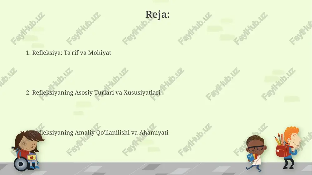 'llaniladi. unda xodim o'zini, hamkasblarini, rahbarlarini va mijozlarni baholaydi, natijalar tahlil qilinib, shaxsiy o'sish yo'nalishlari belgilanadi. refleksiyaning chuqurligini baholash uchun kolbning o'rganish sikli modelidan foydalanish mumkin. bu model tajriba, refleksiv kuzatuv, abstrakt konsepsiyalashtirish va faol tajriba o'tkazish bosqichlarini qamrab oladi. refleksiyaning rivojlanish tarixi va falsafiy asoslari refleksiyaning falsafiy ildizlari qadimgi yunonistonda paydo bo'lgan bo'lib, suqrot o'zining 'o'zingni bil' degan imperativi bilan o'z-o'zini tekshirishning dastlabki shakllarini ilgari surgan. dekartning 17-asrda 'men o'ylayman, demak men borman' degan g'oyasi refleksiyaning ahamiyatini ta'kidlab, shaxsning o'z fikrlash qobiliyatiga asoslangan holda mavjudligini isbotladi. refleksiyaning psixologik va madaniy jihatlari psixologik jihatdan, refleksiyaga meyning 'i' va 'me' tushunchalari kiradi. 'i' sub'ektiv tajribani, 'me' esa jamiyatning fikrini aks ettiradi, bu esa o'zini anglash jarayoniga ta'sir qiladi. madaniy jihatdan, 'kollektivistik' madaniyatlar shaxsiy refleksiyadan ko'ra guruh maqsadlariga ko'proq e'tibor qaratadi, bu esa shaxsiyatning rivojlanishida 2 xil yondashuvni ko'rsatadi. e'tiboringiz uchun rahmat image6.jpg image7.jpg image8.jpg image9.jpg image10.jpg image11.jpg image12.jpg image1.png