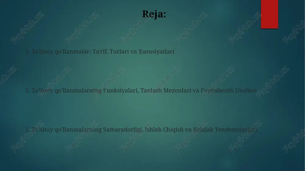 an foydalaning. ta’limiy qo‘llanmalarning samaradorligini baholash ta'limiy qo'llanmalarning samaradorligini baholashda o'quvchilarning bilim darajasidagi o'zgarishlar (masalan, test natijalari) 70% dan yuqori bo'lishi maqsadga muvofiqdir. qo'llanma samaradorligini aniqlash uchun so'rovnomalar (likert shkalasi, 5 ballik) orqali o'quvchilarning 85% ijoiy baho berishi kerak. ta’limiy qo‘llanmalarni ishlab chiqish va integratsiya qilish ta’limiy qo‘llanmalarni ishlab chiqishda 5 bosqichli addie modelidan foydalanish, tahlil, loyihalash, ishlab chiqish, joriy etish va baholash kabi elementlarni qamrab oladi. integratsiya jarayoni o‘quv dasturiga moslikni ta’minlash, maqsadli auditoriyani aniqlash va 3 turdagi resurslardan foydalanishni o‘z ichiga oladi: matnli, audiovizual va interaktiv. ta’limiy qo‘llanmalarning roli va kelajakdagi tendentsiyalari ta'limiy qo'llanmalar o'qituvchilarga darslarni 21-asr ko'nikmalariga moslashtirishda yordam beradi, shuningdek, o'quvchilarning mustaqil o'rganish qobiliyatini 30% ga oshiradi. kelajakda ta'limiy qo'llanmalar 3d modellashtirish va vr texnologiyalari orqali o'quvchilarga immersiv tajriba taqdim etib, tushunishni 45% ga yaxshilaydi. e'tiboringiz uchun rahmat image6.png image7.jpg image8.jpg image9.jpg image10.jpg image11.jpg image12.jpg image13.jpg image2.png image3.png image4.png image5.png