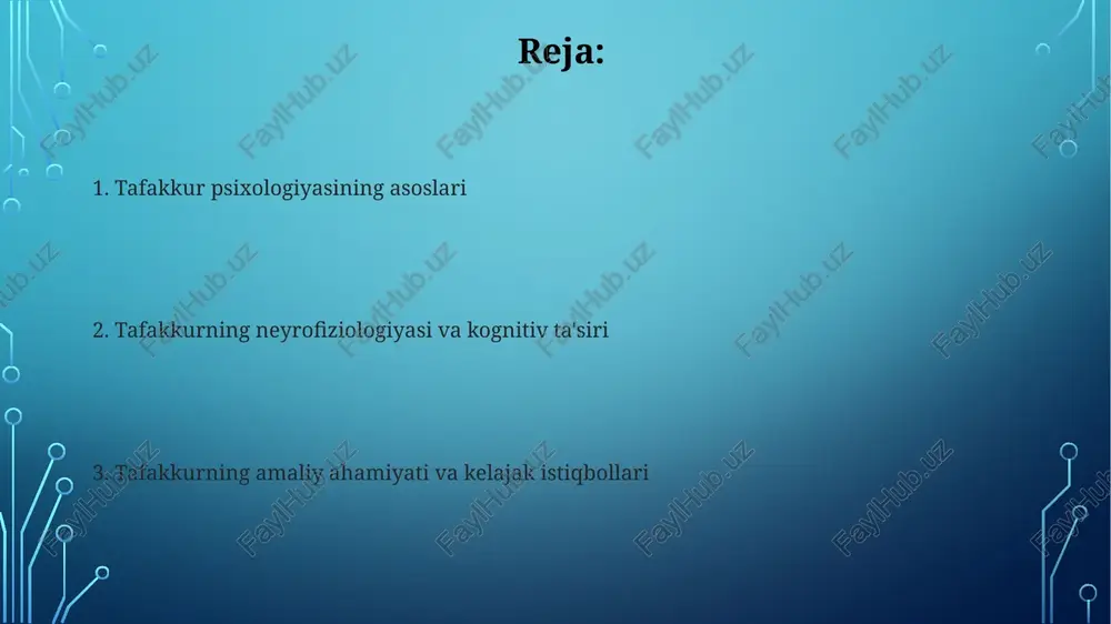 samaradorligi tafakkurning chuqurligiga ta'sir qiladi, 7±2 qoida bilan bog'liq. epizodik xotira tafakkurda muhim rol o'ynaydi, chunki shaxsiy tajribalar va voqealarni eslashga yordam beradi. bu xotiralar tafakkur jarayonini boyitib, yangi tushunchalar yaratishga olib keladi. tafakkurning hissiyotlar va kayfiyatga ta'siri tafakkur 1-2 darajali stress gormonlarini kamaytirishi, kayfiyatni yaxshilashi va g'azab, qo'rquv kabi salbiy his-tuyg'ularning intensivligini 20-30 foizga susaytirishi mumkin. tafakkur amaliyotlari, masalan, minfullness, miyaning emotsional markazlari bo'lmish amigdala faolligini 15-25% gacha pasaytirib, xotirjamlik va xursandchilik hissini kuchaytiradi. tafakkurning qaror qabul qilishdagi roli tafakkur vaziyatlarni chuqur tahlil qilishga yordam berib, 7 ± 2 qismli ishchi xotiradagi ma'lumotlarni qayta ishlash orqali ongli qarorlarni shakllantiradi. o'ylab qaror qabul qilish 1-turdagi xatoliklarni kamaytiradi, chunki 2-turdagi kognitiv jarayonlar impulsivlikni susaytirib, optimal tanlov ehtimolini oshiradi. tafakkurning ijodkorlik va innovatsiyalarga ta'siri tafakkur kognitiv moslashuvchanlikni oshiradi, bu esa muammolarni hal qilishning 20 dan ortiq ijodiy usullarini topishga va yangi g'oyalarni ishlab chiqishga yordam beradi. tafakkur miyaning 15 dan ortiq turli …