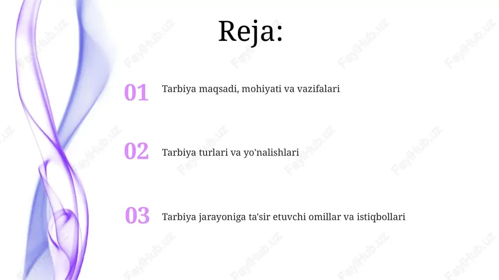 5 asosiy tamoyilga ega: adolat, halollik, hurmat, mas'uliyat va rahm-shafqat. bu tamoyillar orqali shaxsda to'g'ri xulq-atvor shakllantiriladi. tarbiyaga ta'sir etuvchi omillar va nazariy asoslar tarbiyaga oilaning ijtimoiy-iqtisodiy ahvoli, ota-onaning ma'lumot darajasi va oiladagi munosabatlar kabi 3 asosiy omillar kuchli ta'sir ko'rsatadi, bu bolaning shaxsiy rivojlanishiga bevosita aloqador. tarbiyaning nazariy asoslaridan biri - bu insonning biologik xususiyatlari, masalan, temperament va irsiyat. ushbu omillar shaxsning xulq-atvorini shakllantirishda 25-35% gacha ta'sir ko'rsatishi mumkin. tarbiyada innovatsiyalar va istiqbollar innovatsion tarbiyada 4.0 texnologiyalari, masalan, virtual reallik va sun'iy intellekt, axloqiy dilemmalarni simulyatsiya qilish va empatiyani rivojlantirish uchun ishlatiladi. kelajakdagi tarbiya shaxsiy o'rganish trayektoriyalariga e'tibor qaratadi, har bir o'quvchi uchun moslashtirilgan ta'lim dasturlarini yaratish uchun 21-asr ko'nikmalariga urg'u beriladi. e'tiboringiz uchun rahmat image4.png image5.jpg image6.jpg image7.jpg image8.jpg image9.jpg image10.jpg image11.jpg image1.jpeg image2.jpeg image3.jpeg