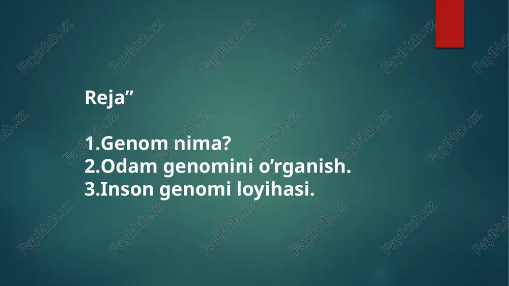 mamlakatlarning olimlari hamishtirok etishdi. 20 asrning 70 yillari boshlarigacha odam genetik kartalari tuzish juda sekindarajada rivojlangan. odamning birinchi geni (rangni ajrata olmaslik geni) 1911-yilda x-xromosomasida kartalashtirilgan. birinchi autosom geni 1968-yilda kartalashtirilgan. 1973-yilgakelib odam xromasomasida 64 ta gen kartalashtirilgan. 1994-yilda esa 5000 struktur genlar va60000 dan ziyod dnk marker ketma-ketliklari kartalashtirilgan.1996-yilga kelib qisqa tandemdinukleotid ketma-ketliklaridan tashkil topgan yuqori informativ polimorf xududlar 5264 analiziasosida odam genomining to‘liq xaritasi yuzaga keldi; bu genetik markerlardan 2032 tasiningo‘rni aniqlandi va ular orasidagi o‘rtacha masofa 1,6 sm ni tashkil etdi dnkda minglab fragmentnukleotidlar ketma-ketligi aniqlandi, dnk ketma–ketligini kompyuterda izlash imkoniyatiochildi va oqsil molekulasidagi aminokislota ketma-ketligi aniqlandi.kompyuter algoritmiasosida genlarning soni aniqlangan, bu aniqlangan genlarning vazifasi odam genomida oqsillarnikodlaydi. xalqaro konsorsium 31780 ta oqsil kodlovchi genlarni aniqlagan, selera genomiksfirmasi esa 39114ta genlarni aniqlagan inson genomi loyihasi qanday amalga oshirildi?genetik ma'lumotlarni to‘plash:loyihaning birinchi bosqichi insonning dnk'sidan har bir genning joylashuvini va tarkibinianiqlashdan iborat edi. buning uchun ilg‘or genetik tahlil …