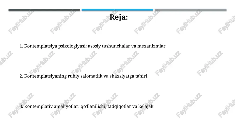 maytiradi va xavotirlikni 25% ga kamaytiradi, stressni boshqarishda yordam beradi. kontemplatsiyaning falsafiy va tarixiy ildizlari falsafiy ildizlar aristotelning 'teoriya' (nazariy hayot) tushunchasida uchraydi, bu yerda aql-idrokni faol ishlatish 384-322 yillarda eng yuqori faoliyat hisoblangan. miloddan avvalgi vi asrda hindistonda upanishadlar va buddizm shakllanishi kontemplativ amaliyotlarga, xususan, meditatsiyaga e'tiborni qaratdi, bu esa ongni o'zgartirishga olib keldi. kontemplatsiya psixologiyasida tadqiqotlar, ilovalar va kelajak yo'nalishlari kontemplativ amaliyotlar miya faoliyatiga ta'sirini o'rganish uchun fmri kabi neyroimaging usullari keng qo'llaniladi, bu esa ong holatlari va kognitiv jarayonlarning 10-15% yaxshilanishiga olib keladi. kontemplatsiya asosida terapiya (mbt) depressiya va tashvish kabi ruhiy kasalliklarni davolashda samarali ekanligi ko'rsatilgan, mbtning 8 haftalik dasturlari 20-30% remissiya darajasiga erishgan. e'tiboringiz uchun rahmat image1.png image2.jpg image3.jpg image4.jpg image5.jpg image6.jpg image7.jpg