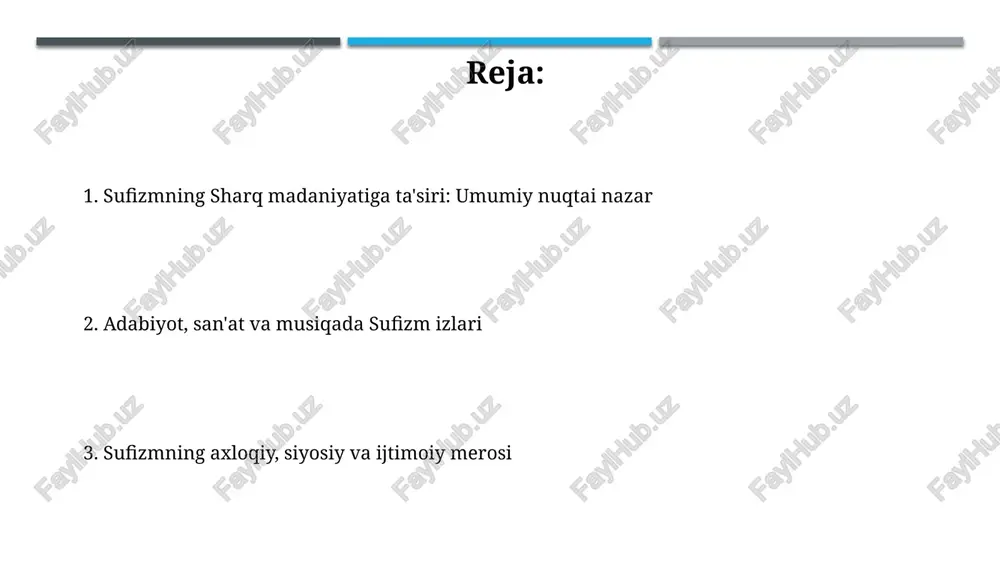 da. sufizm jamiyatda mehr-oqibat va hamjihatlikni targ'ib qilib, ijtimoiy tabaqalanishni yumshatishga harakat qilgan. bu xalq orasida, ayniqsa, oddiy odamlar orasida katta hurmatga sazovor bo'lgan. markaziy osiyo va hindistonda sufizm namunalari markaziy osiyoda yasaviy tariqati keng tarqalgan bo'lib, xii asrda ahmad yassaviy asos solgan. bu tariqatning ta'limotlari xalq orasida juda mashhur bo'lgan. hindistonda chishti tariqati xii asrda xoja muiniddin chishti tomonidan asos solingan. uning ta'limotlari sevgi, tinchlik va insoniylikka asoslangan edi. zamonaviy sharqda sufizm: tanqid va munozaralar ba'zi tanqidchilar sufizm amaliyotlarini, masalan, avliyolarning qabrlariga ziyorat qilishni islomning birlikka urg'u berishiga zid deb bilishadi va bid'at deb hisoblashadi. xxi asrda, ba'zi fondamentalist guruhlar sufizmning liberal talqinlarini qoralab, sufiylarni dindan qaytganlikda ayblab, ularga qarshi zo'ravonlik qilmoqdalar. e'tiboringiz uchun rahmat image1.jpg image2.jpg image3.jpg image4.jpg image5.jpg image6.jpg image7.jpg