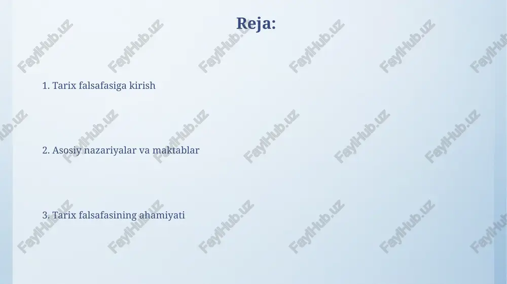 ov tarixga ta'sir etishini aytadilar. tarixning maqsadi va mohiyati tarixning maqsadi jamiyatning rivojlanish qonuniyatlarini 100 yildan ortiq davrda o'rganib, kelajak uchun 5 ta asosiy dars olishga yordam beradi. tarix mohiyati insoniyat tajribasini 3 ta asosiy element orqali: voqealar, jarayonlar va shaxslar orqali 1000 yillik davrda aks ettirishdir. e'tiboringiz uchun rahmat image4.png image5.jpg image6.jpg image7.jpg image8.jpg image9.jpg image10.jpg image1.jpeg