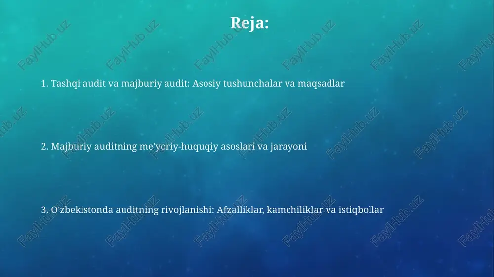 olash, dalillarni to'plashni o'z ichiga oladi; audit hisoboti esa fikr, asoslar va moliyaviy hisobotlarga tegishli eslatmalarni qamrab oladi. audit hisobotining tuzilishi mustaqil auditorlik xulosasi, moliyaviy hisobotlar va izohlarni o'z ichiga oladi. bu ma'lumotlar auditlangan kompaniyaning moliyaviy ahvolini aniq ko'rsatadi. majburiy audit sub'ektlari, to'lovlar va javobgarlik majburiy audit sub'ektlari moliyaviy ko'rsatkichlari belgilangan minimal qiymatlardan (masalan, aktivlar qiymati 100,000 minimal ish haqi) oshsa, auditdan o'tishi shart. audit to'lovlari auditorlik tashkiloti va mijoz o'rtasidagi kelishuvga asosan belgilanadi, lekin ba'zi hollarda, davlat organlari tomonidan minimal stavkalar o'rnatilishi mumkin. o'zbekistonda auditning rivojlanishi va axloqiy masalalar o'zbekistonda audit 1992-yildan boshlab rivojlana boshladi, bu davrda mustaqil auditorlik faoliyati uchun me'yoriy-huquqiy asoslar yaratildi va birinchi auditorlik firmalari tashkil etildi. o'zbekistonda auditorlik faoliyatida axloqiy masalalarga katta e'tibor qaratiladi, jumladan, mustaqillik, xolislik, professional kompetentlik va konfidensiallik kabi tamoyillarga rioya etiladi. e'tiboringiz uchun rahmat image3.png image4.jpg image5.jpg image6.jpg image7.jpg image8.jpg image9.jpg image10.jpg