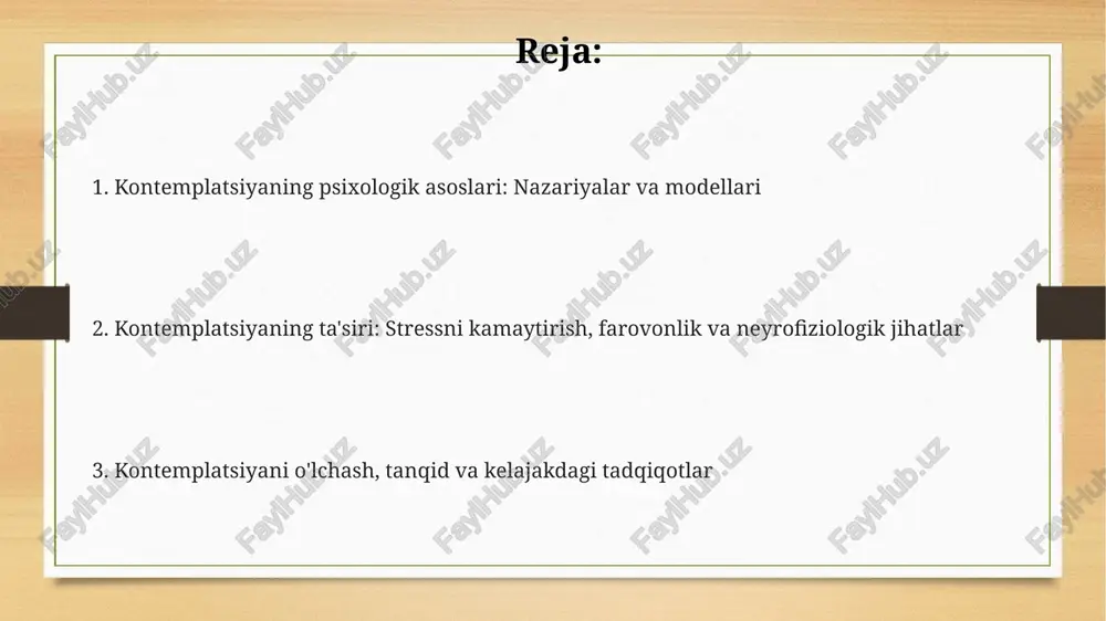 rofiziologik asoslar va mindfulness mindfulness mashqlari oldingi singulyar korteksda (acc) faollikni oshiradi, bu e'tiborni boshqarish va hissiy tartibga solish bilan bog'liq, erta bosqichlarda 15-20 daqiqa davom etadi. neyroimaging tadqiqotlari mindfulness amaliyoti bilan amigdala hajmining qisqarishini ko'rsatdi, bu stress va tashvishni kamaytirishga yordam beradi; bir necha oylik mashqdan keyin 5-10% gacha kamayadi. mindfulness miya to'lqinlari faolligida, xususan, alfa to'lqinlarida (8-12 hz) sezilarli o'zgarishlarga olib keladi, bu dam olish va ichki diqqatni jamlash bilan bog'liq, 30 daqiqadan ortiq mashq qilish tavsiya etiladi. kontemplatsiya, stressni kamaytirish va farovonlik mindfulness asosidagi kontemplativ amaliyotlar simpatiya nerv sistemasini tinchlantirib, yurak urish tezligini o'rtacha 15 ta urishga kamaytiradi, bu xotirjamlikni ta'minlaydi. kontemplatsiya stress gormoni kortizol darajasini pasaytirishi isbotlangan, bu esa 20% gacha kayfiyatni yaxshilaydi va umumiy ruhiy farovonlikni oshiradi. tadqiqotlar ko'rsatishicha, muntazam kontemplatsiya 30 kun ichida miya faoliyatini o'zgartirib, stressga chidamlilikni oshiradi va o'z-o'zini anglashni yaxshilaydi. kontemplatsiyani o'lchash usullari miya faoliyatini o'lchash uchun elektroensefalografiya (eeg) kabi neyrofiziologik …