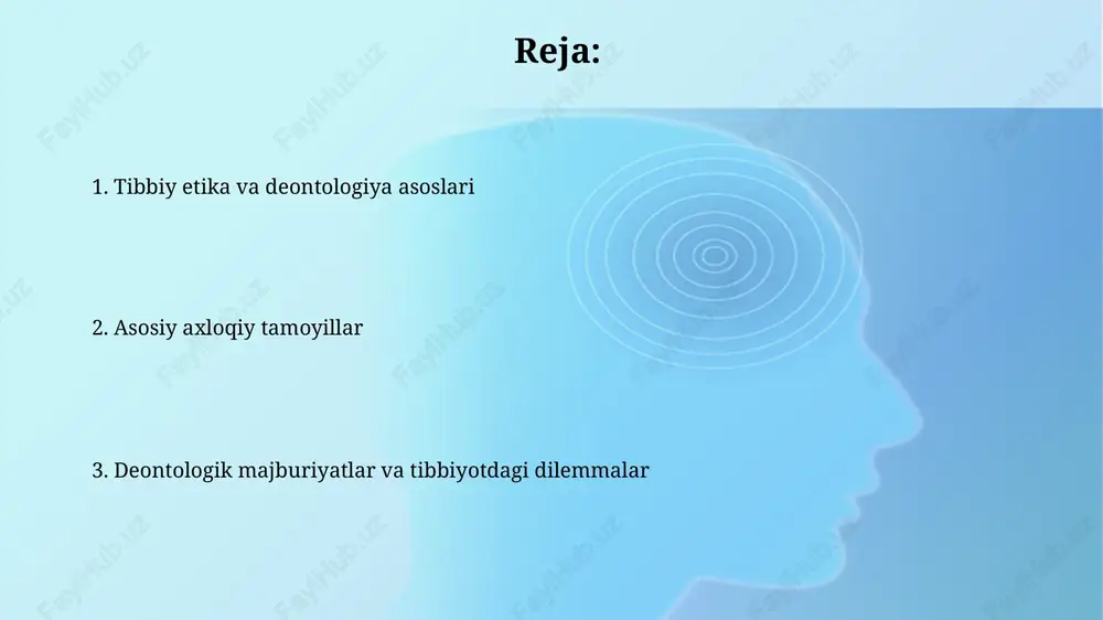 ni talab etadi. asosiy axloqiy tamoyillar: adolat adolat tibbiyotda resurslarni (masalan, dori-darmonlar, tibbiy uskunalar) taqsimlashda tenglikni anglatadi, har bir bemorga ularning ehtiyojlariga ko'ra 100 foiz imkoniyat berilishi kerak. adolat tamoyili bemorlarga nisbatan kamsitishga yo'l qo'ymaslikni talab etadi, masalan, ijtimoiy-iqtisodiy holatiga qarab ularga 90 foiz kamroq xizmat ko'rsatmaslik kerak. deontologik nazariyalar: kant deontologiyasi kant deontologiyasi kategorik imperativga asoslanadi: 'shunday harakat qilingki, sizning xatti-harakatingiz printsipi umumiy qonun bo'lishini xohlaysiz'. bu universalizatsiya tamoyilidir. kant etikasida insonlar maqsad sifatida ko'riladi, vosita emas. odamlarni shunchaki maqsadga erishish uchun ishlatish axloqiy jihatdan noto'g'ri, chunki ularning qadri bor. natijaviylik va utilitarizm natijaviylik 18-asrda jeremi bentham tomonidan ishlab chiqilgan bo'lib, harakatning axloqiyligi uning oqibatlariga bog'liq deb hisoblaydi. 1 ta yaxshi natija 1 ta yomon natijadan ustun turishi kerak. utilitarizm natijaviylikning bir shakli bo'lib, u eng katta son uchun eng katta baxtni ta'minlashga qaratilgan. 2-asosiy printsip foydani maksimal darajaga ko'tarishdan iborat. tibbiy deontologiyaning asosiy qoidalari bemorning avtonomiyasini hurmat qilish …