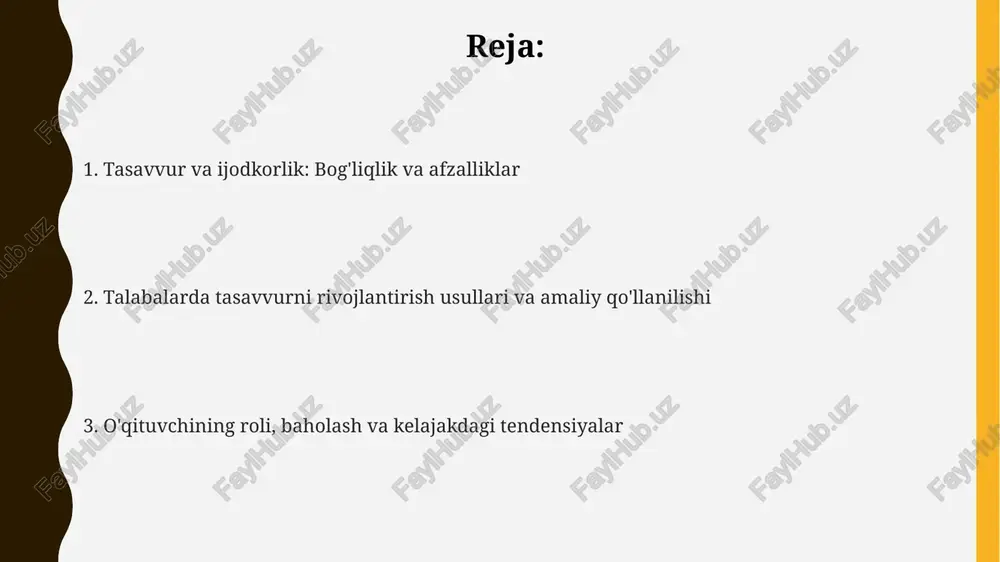 h imkonini beradi, innovatsion yechimlarni topishda yordam beradi, lekin resurslar cheklanganligi va vaqt bosimi ijodga to'sqinlik qilishi mumkin. ijodkorlik talabalarda 100 xil loyihalarni amalga oshirish imkoniyatini beradi, lekin haddan tashqari tanqid va qo'rquv ijodiy fikrlashni to'xtatib qo'yishi mumkin. ijodiy qobiliyatlar 21-asr ko'nikmalarini rivojlantirishga yordam beradi, lekin qat'iy qoidalar va konservativ qarashlar ijodkorlikning erkinligini cheklaydi. o'qituvchining roli va baholash usullari baholash jarayonida o'qituvchilar original g'oyalarni baholash uchun ijodiy mahsulotlar, masalan, 5 ballik shkala bo'yicha rubrikalardan foydalanishi mumkin. o'qituvchi muammolarni hal qilish uchun 3-d modellashtirish kabi tasavvurni rag'batlantiruvchi loyihalarni yaratishi, talabalarga ijodiy fikrlash imkoniyatini beradi. o'qituvchi talabalarga 10 dan ortiq turli xil materiallardan foydalangan holda, cheklovlar orqali tasavvurni rivojlantirishga yordam beradigan topshiriqlar berishi mumkin. tadqiqotlar, misollar va kelajak tendensiyalari misol sifatida, reggio emilia yondashuvi tasavvurni rivojlantirish uchun san'at, drama va hikoyalar orqali ijodiy muhit yaratishni ta'kidlaydi. tadqiqotlar shuni ko'rsatadiki, 85% ijodiy muammolarni hal qilishda tasavvur muhim rol o'ynaydi. masalan, steam loyihalarida tasavvur …