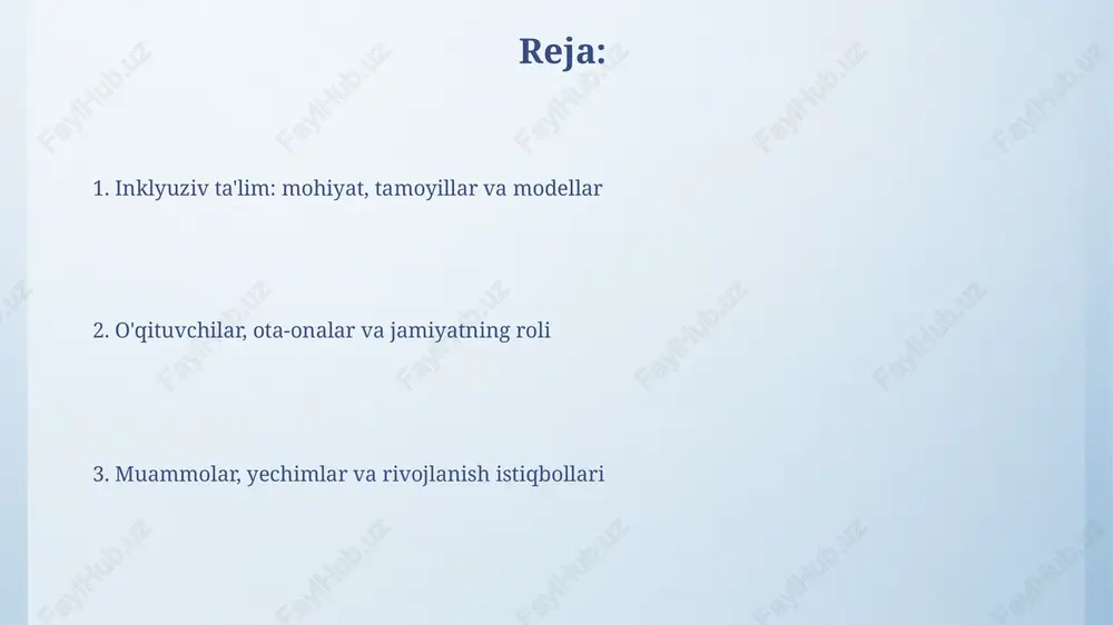 a hayotga tayyorlashdir. inklyuziv ta'lim modellari va yondashuvlari to'liq inklyuziya modeli har bir o'quvchini umumiy sinfda o'qitishni nazarda tutadi. bu modelda bolaning 100 foiz vaqti umumiy ta'lim muhitida tengdoshlari bilan o'tadi. resurs xonalari yondashuvi o'quvchilarga qo'shimcha yordam berish uchun alohida sinflarni tashkil etadi. bu yerda o'quvchilarning 20-30 foiz vaqti maxsus o'qituvchilar bilan o'tkaziladi. inklyuziv ta'limda pedagogik texnologiyalar va metodlar differentsiatsiya o'qitishda har bir o'quvchining individual ehtiyojlarini hisobga olgan holda, topshiriqlarni soddalashtirish, qo'shimcha yordam berish va turli baholash usullarini qo'llash nazarda tutiladi. universal dizayn o'quv materiallari va muhitini barcha o'quvchilar uchun, shu jumladan nogironligi bo'lgan bolalar uchun ham qulay qilishga qaratilgan bo'lib, 7 ta prinsip asosida amalga oshiriladi. inklyuziv ta'limda o'qituvchining roli va tayyorgarligi o'qituvchi inklyuziv sinfda differentsial o'qitish strategiyalarini qo'llay olishi kerak, shu jumladan universal o'quv dizayni (udl) va individual ta'lim rejalari (itp) kabi 9 ta asosiy elementlar bilan. inklyuziv ta'lim muvaffaqiyati uchun o'qituvchilarning empatiya, sabr-toqat va inklyuziv qadriyatlarga sodiqligi …