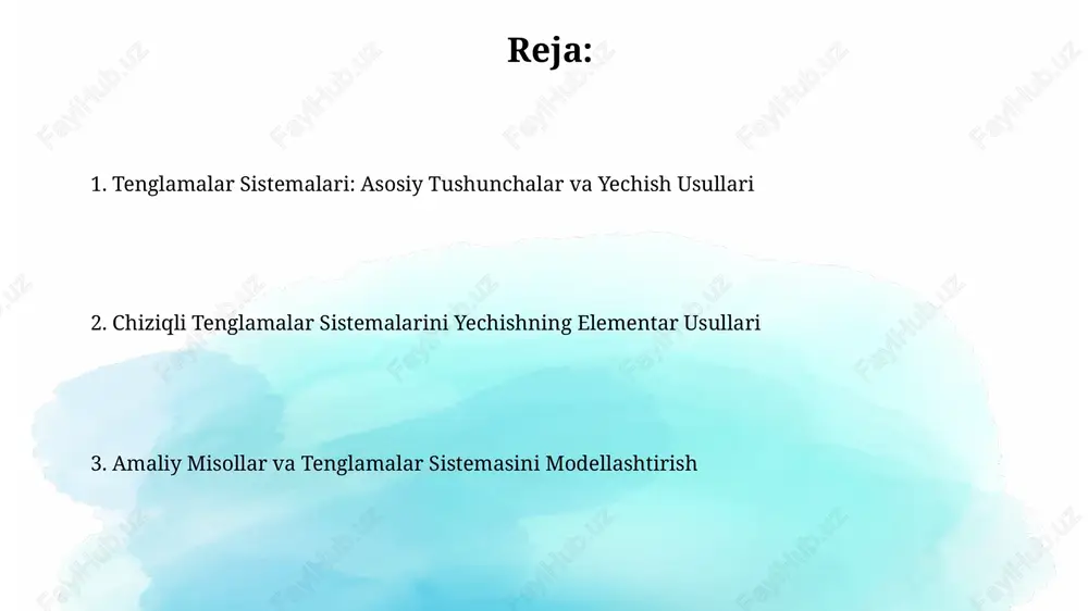 2, 3 va hokazo) yechimga ega ekanligini, cheksiz ko'p yechimga ega ekanligini yoki umuman yechimga ega emasligini aniqlaymiz. yechim mavjudligi va yagonaligi agar determinant nolga teng bo'lsa, unda chiziqli tenglamalar sistemasining yagona yechimi mavjud emas; bunday holda, yechim yo'q bo'lishi yoki cheksiz ko'p bo'lishi mumkin. tenglamalar soni noma'lumlar sonidan kam bo'lsa, odatda cheksiz ko'p yechimlar mavjud, lekin ba'zi hollarda yechim umuman bo'lmasligi mumkin, ya'ni 0 = 1 kabi ziddiyatli natijaga kelishi mumkin. grafik usul grafik usulda har bir tenglama koordinata tekisligida grafik ko'rinishida tasvirlanadi; masalan, ikki noma'lumli chiziqli tenglamalar sistemasi ikkita to'g'ri chiziq bilan ifodalanadi. grafik usulning yechimi - bu graflarning kesishish nuqtalari koordinatalari; agar chiziqlar parallel bo'lsa, yechim yo'q, ustma-ust tushsa, cheksiz ko'p yechim mavjud. o'rniga qo'yish usuli o'rniga qo'yish usuli bir tenglamadan bir o'zgaruvchini ifodalab, ikkinchi tenglamaga shu ifodani qo'yish orqali 1 ta o'zgaruvchili tenglamani hosil qiladi va yechim topiladi. agar 2x + y = 5 va x …